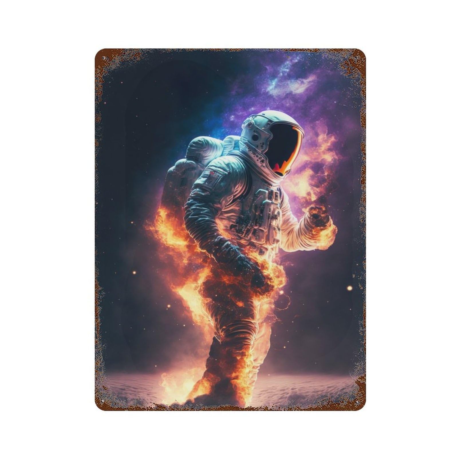 Rusty Metal Tin Sign with Astronaut in Space Flames Design 15.7"x11.8", for Farmhouse, Kitchen And Entryway Decor, Rustic Home Decor