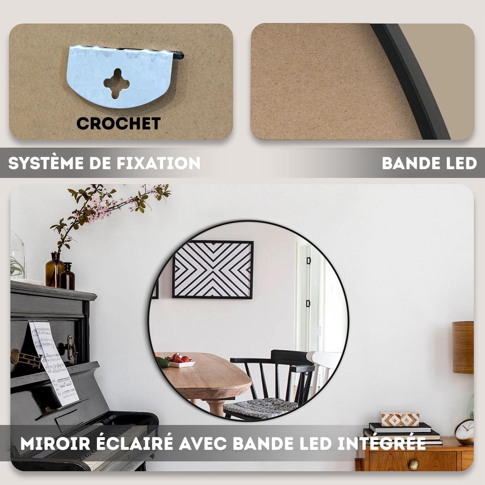 KARAT Miroir Mural Rond pour Salle de Bain et Chambre, avec Cadre en Alliage d'aluminium Noir Bella, Ø 60 cm, Verre trempé avec Film de sécurisé, Design élégant, Fixation Murale ou Poser sur Table