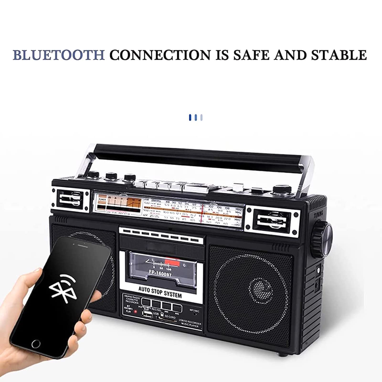 Radio Retro, grabadora y Reproductor de Casete de Radio portátil, conversión de MP3 Boombox Bluetooth Retro de Radio a Casete, con Tres Bandas AM/FM/SW1-2, grabación/tran