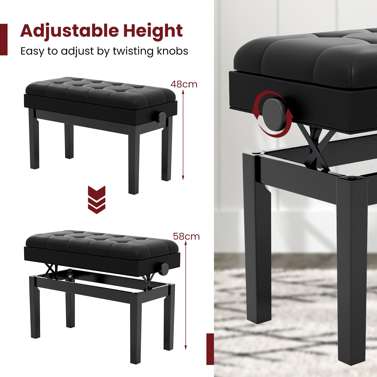 GIANTEX Klavierbank mit verstellbarer Höhe 48-58 cm, gepolsterte Klavierbank für 2 Personen, Hocker mit Stauraum und rutschfesten Füßen, Schwarz