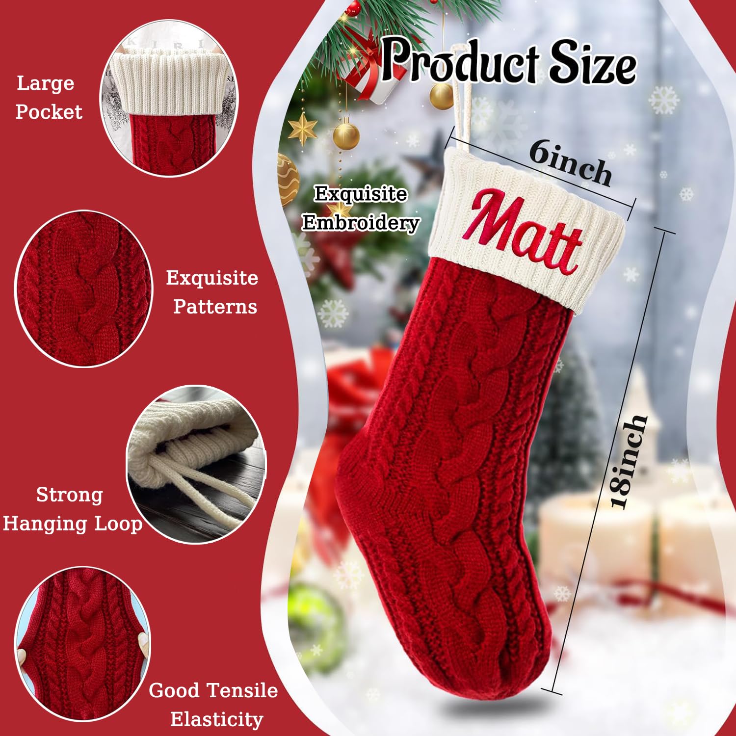 5 calcetines de Navidad personalizados con cinta de luz de Navidad, calcetines de Navidad con nombre bordado personalizado, calcetines de Navidad de 18 pulgadas grandes para colgar para niños