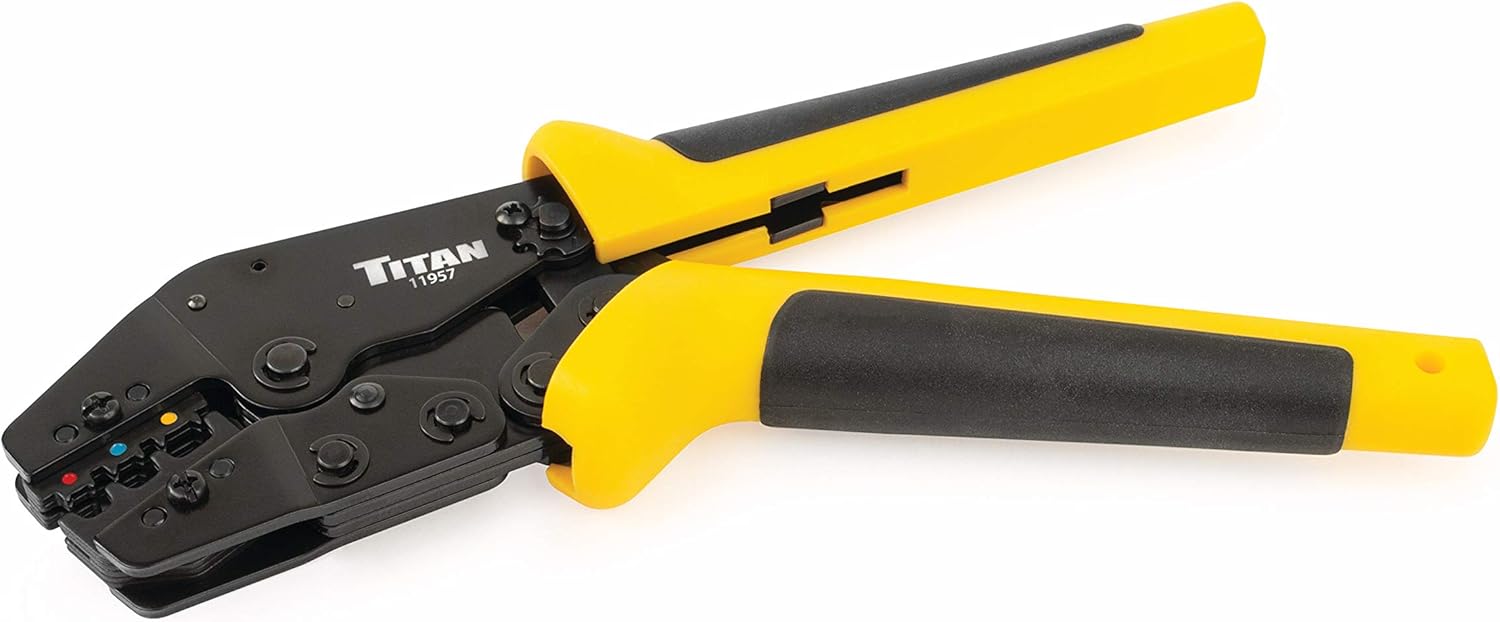 Titan 11957 Offset Ratcheting Wire Terminal Crimper Tool for Insulated Terminals, Fixed Jaw Crimper