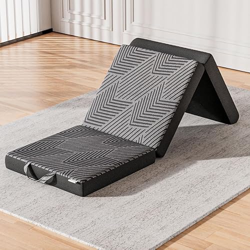 Colchón de tres pliegues, cama plegable de espuma viscoelástica individual de 4 pulgadas, cero olor, funda extraíble 100% poliéster, asas