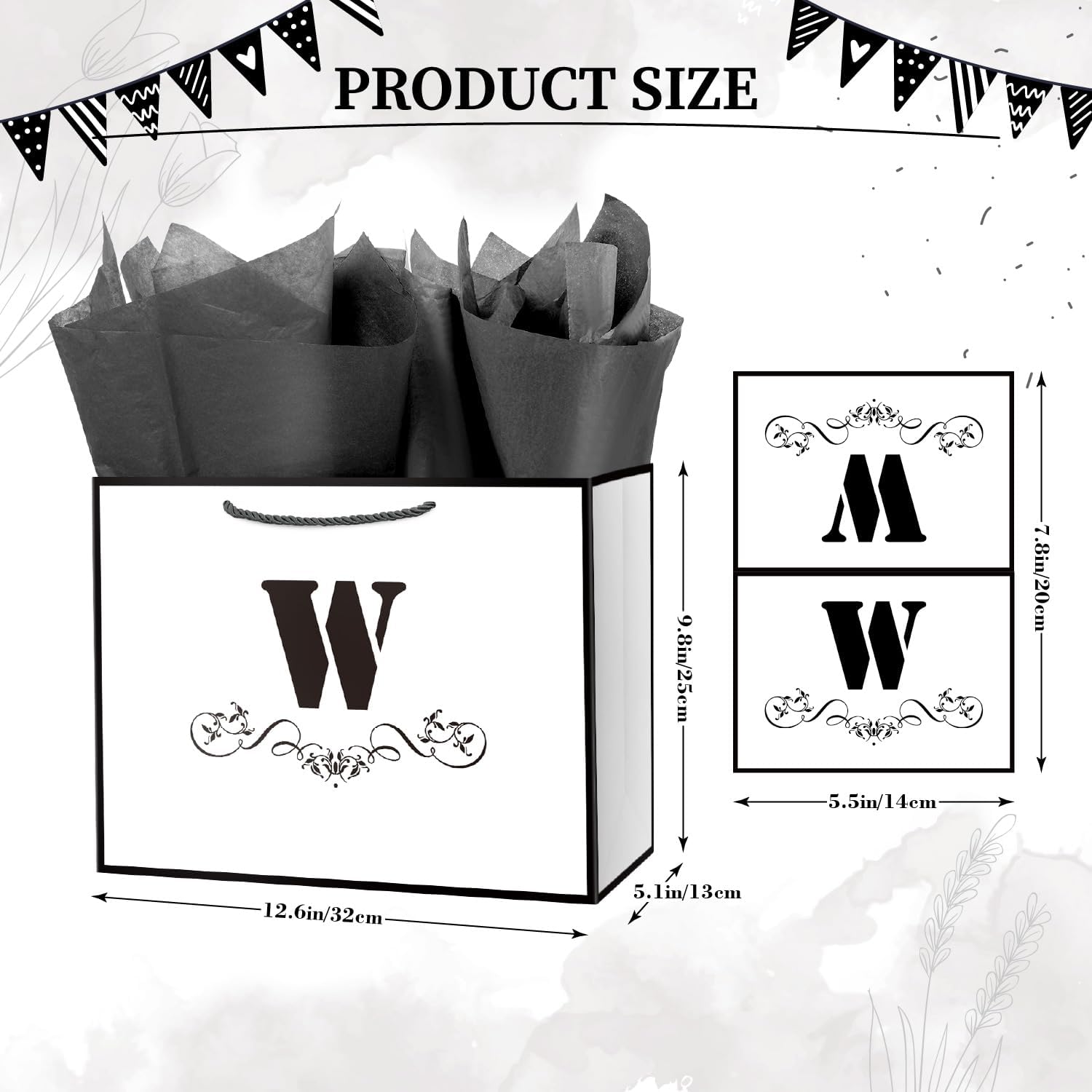 ysmile Letter Gift Bag with Tissue Paper for Men 12" Large White Black Bag for Birthday Personalized Monogrammed Anniversary - Single W image 2