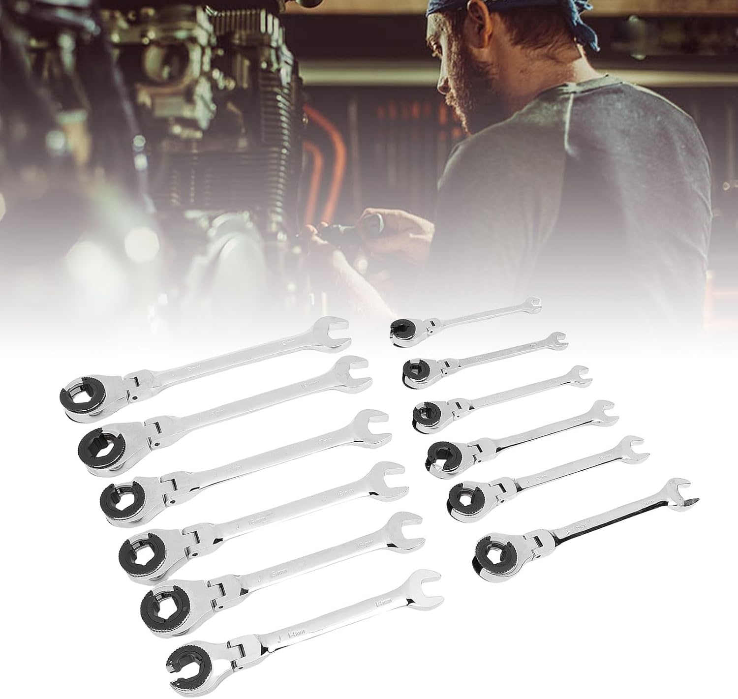 12Pcs Open End Ratchet Wrench Set, CRV 72T Quick Release Open Flex Head Ratcheting Wrench, 180 Degree Adjustable Ratcheting Wrench Set for Fuel Brake AC Pipelines