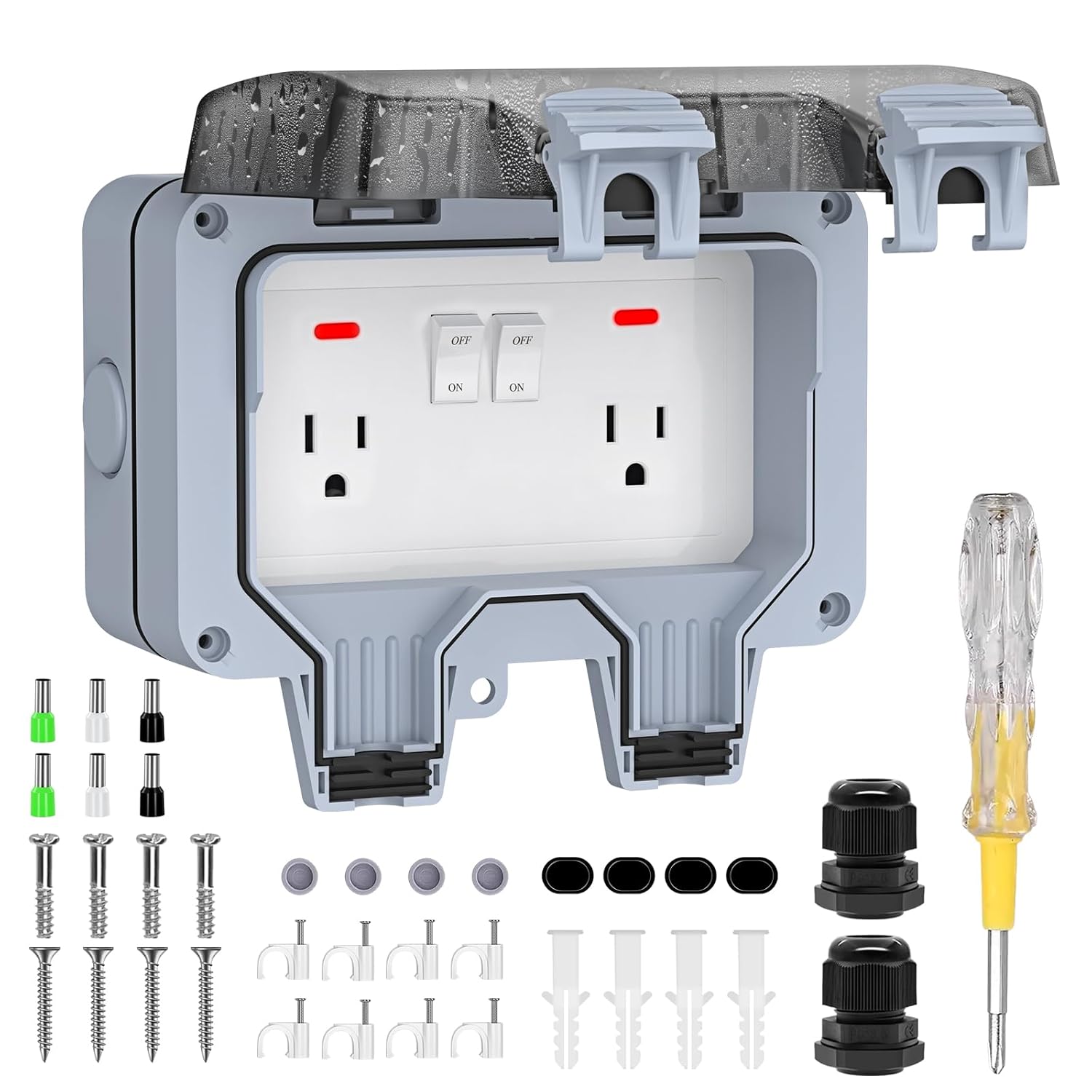 Double Outdoor Outlet with Box Waterproof IP66 Outdoor Electrical Receptacle, Outdoor Power Outlet with Cover,Switch Indicator, Exterior Wall Electrical Box for Garden,Yards,Swimming Pool(Gray) Grey