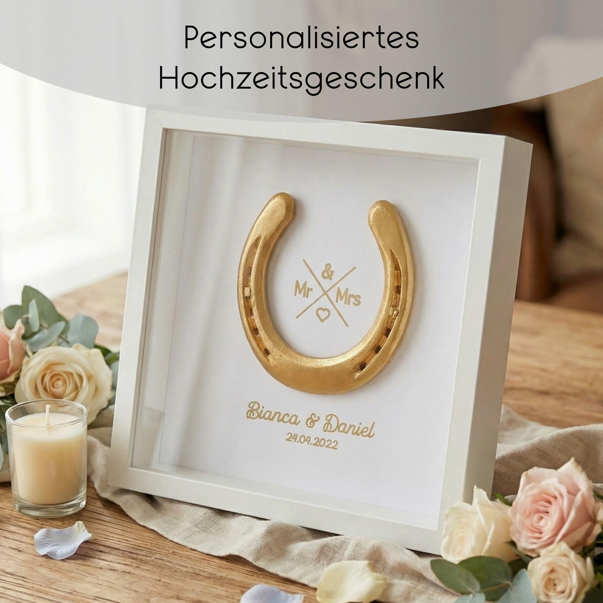 Hochzeitsgeschenk | Hufeisen im Bilderrahmen | Glückshufeisen mit Personalisierung | Personalisiertes Geschenk zur Hochzeit | Persönliches Geschenk Brautpaar | Geschenk Namen (Vergoldet/Weiß)