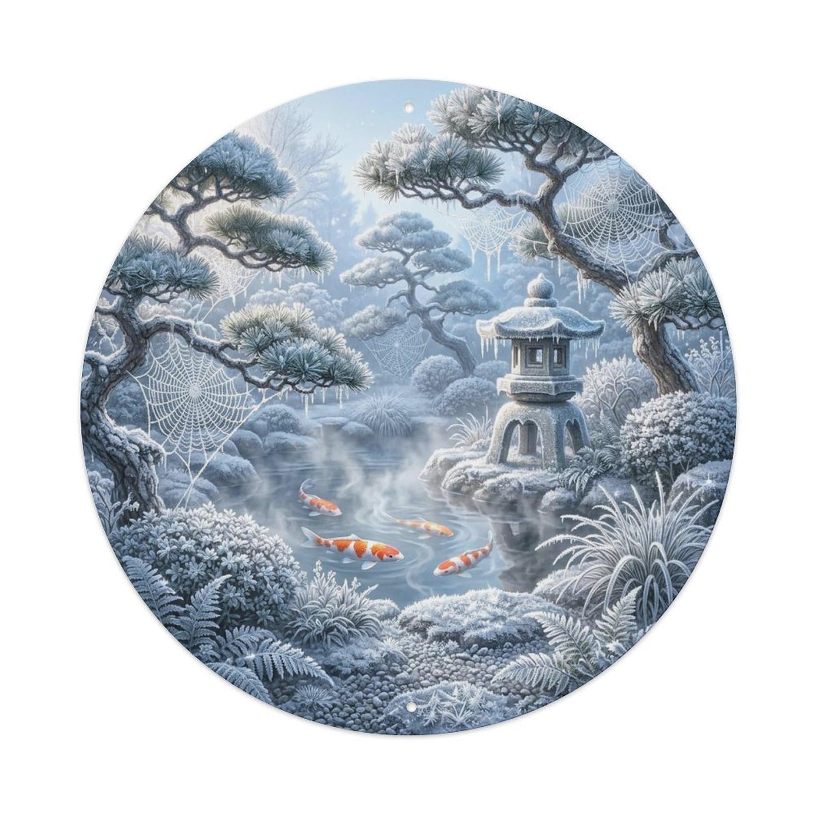 Olyhtr 8X8inch Classic Style Winter Koi Pond Vintage Landscape Crystal Sparkle Metal Tin Sign