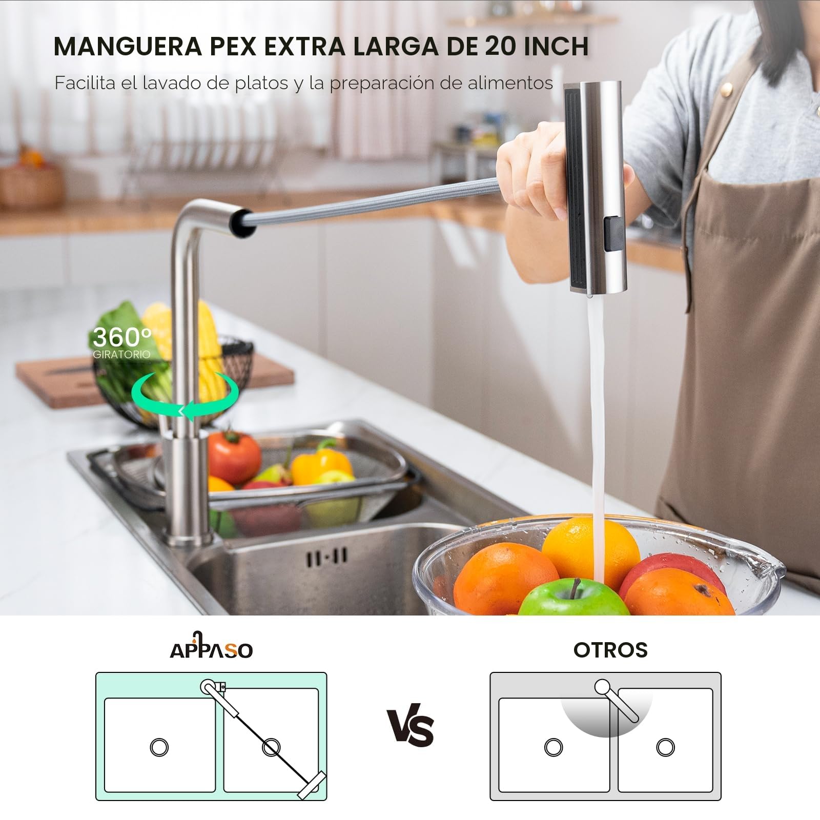 APPASO Grifo Cocina Waterfall, Grifo de cocina de alta presión, Grifo de cocina extraíble con 3 tipos de chorro giratorio 360°, Acero inoxidable Cepillado