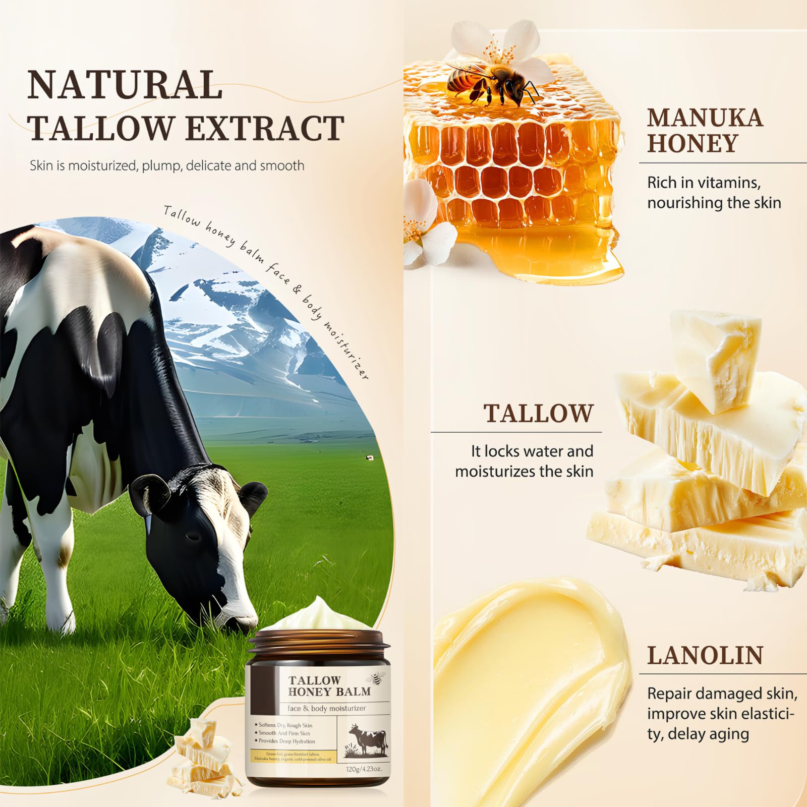 Tallow and Honey Balm for Face and Body Grass-Fed Beef Tallow Moisturizer with Manuka Honey, Deep Hydration and Nourishment, 120g - Image 3