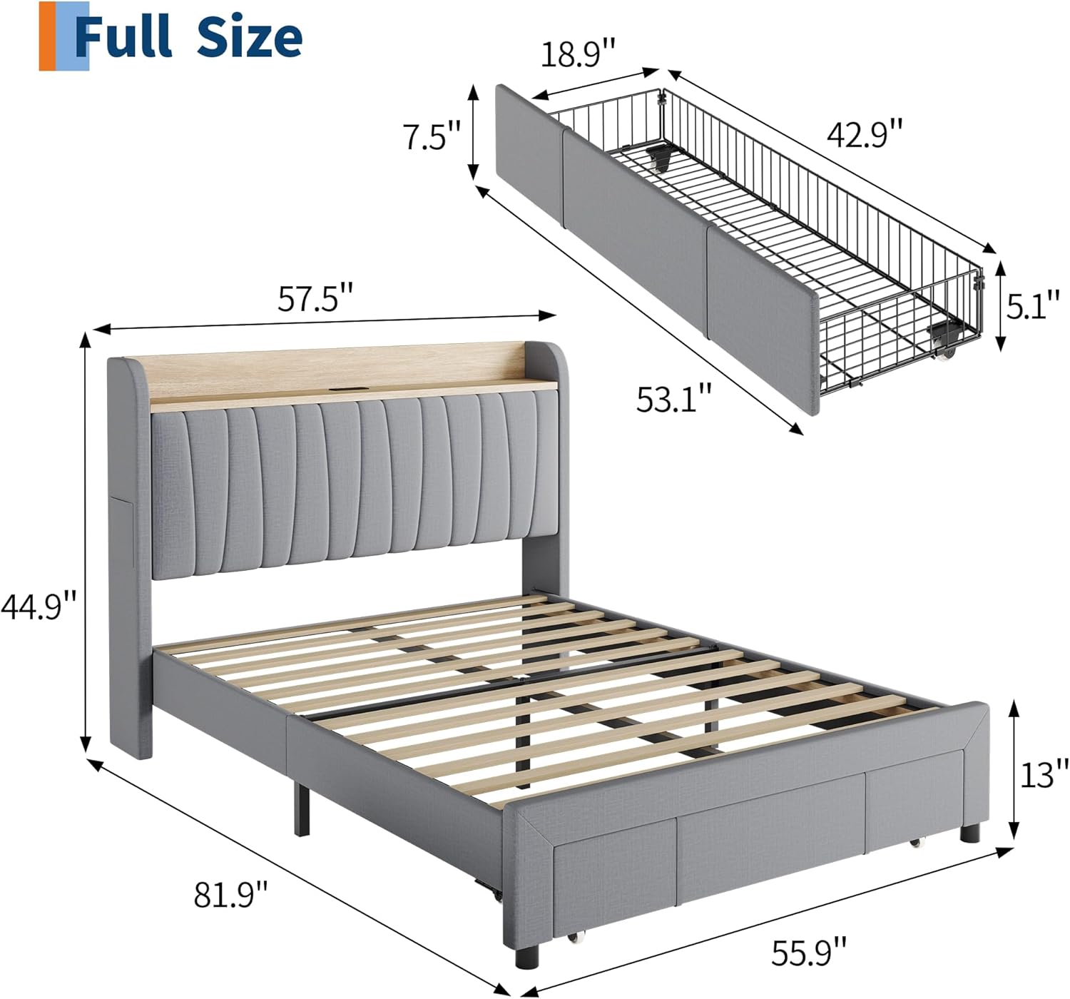 Upholstered Full Bed Frame with Storage Headboard, Charging Station & Drawers, Heavy Duty Platform Bed Frame No Box Spring Required, Light Gray