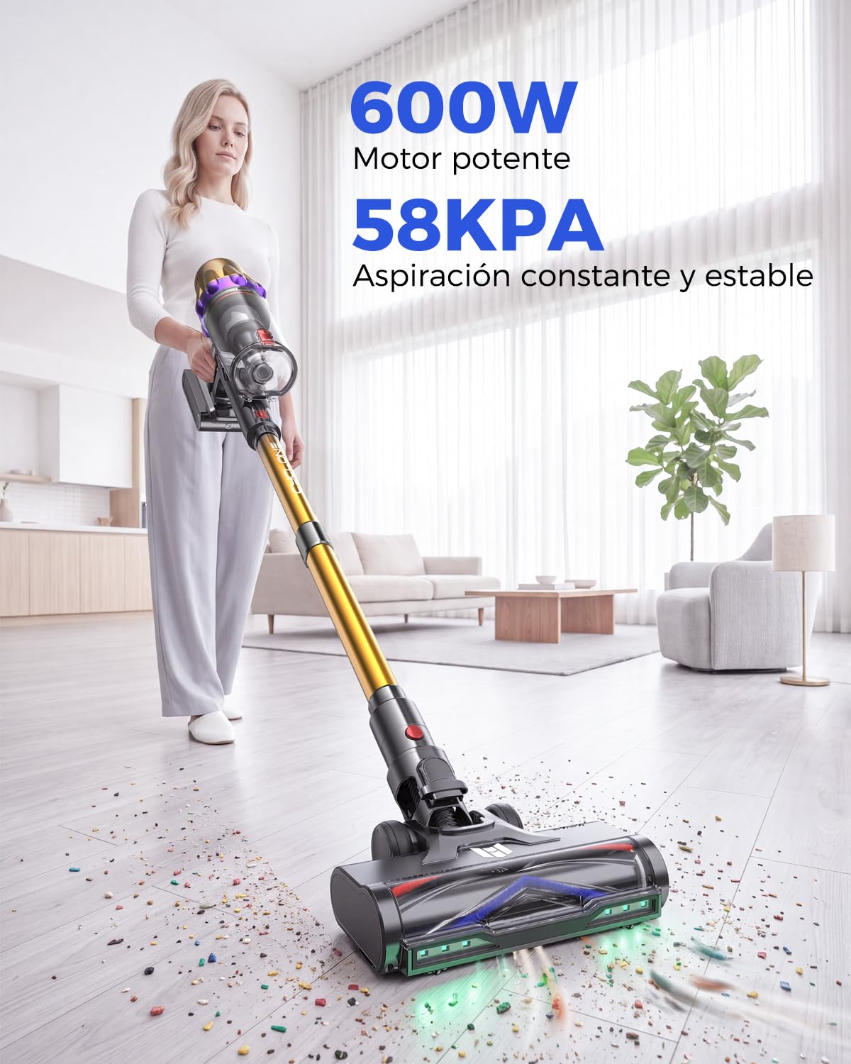 aonus Aspiradora sin Cable 60KPa/650W/80Min, Aspirador Escoba Potente | Vacuum Cleaner | Anti-Enredos | 8x3000mAh Batería | Autoportante | Luz LED Verde | para Pelo de Mascotas Alfombra Suelo Duro