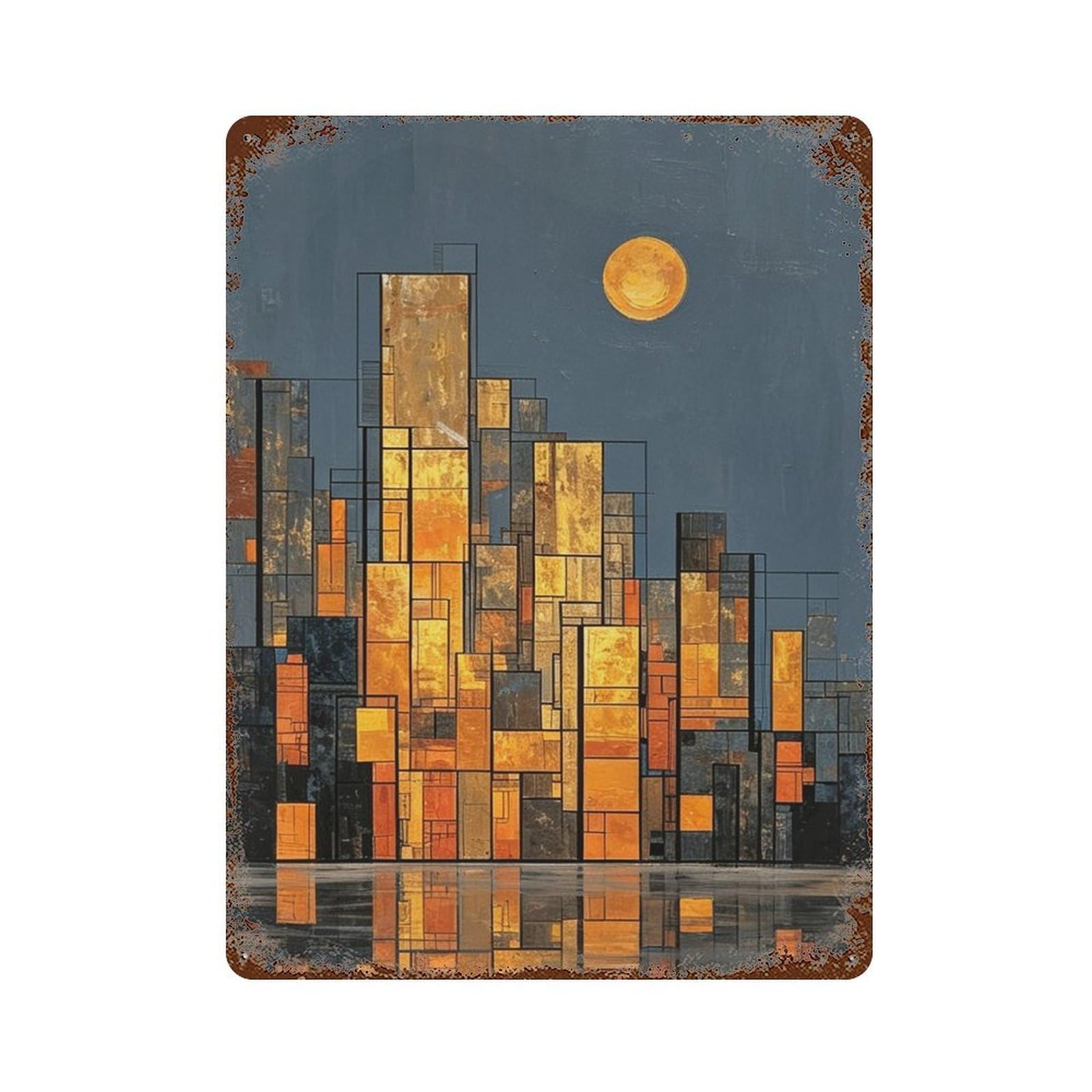 MGHTGRWE Cubist Waterfront Metropolis (4) Poster Wall Art Iron Vintage Metal Tin Sign Modern Home Cofffee Club Art Bar Shop Decor 40x30cm