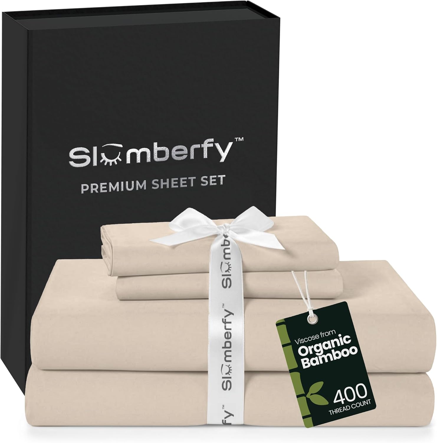 Slumberfy 4-Piece 400 TC Viscose Derived from Bamboo Sheets, Queen Size - 1 Fitted, 1 Flat, 2 Pillow Cases - Deep Pocket Cooling Viscose-Bamboo Bed Sheets in Magnetic Closure Gift Box, Sand
