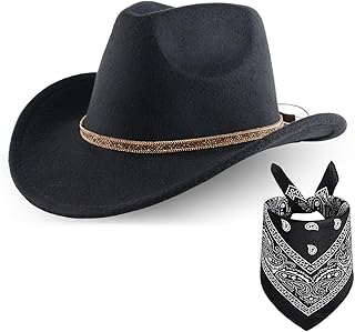 Grelora Cowboy Hat with Black Bandana, Wide Brim Unisex Felt Hat, Perfect for Cowgirls and Cowboys, Black