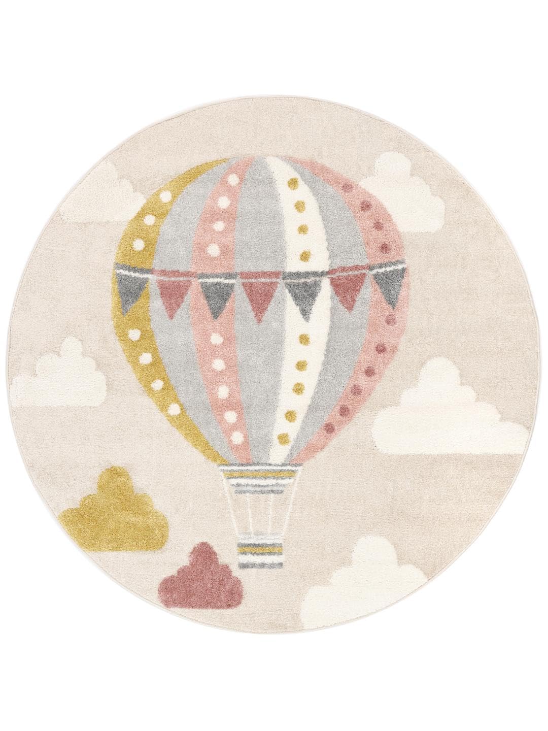RugVista Balloon Ride, Alfombra Infantil, Modernas Niños, Ø 150 cm, Redondo, Pelo Medio, Cuarto del bebé, Limpieza en seco, Sin Productos químicos peligrosos, Beige/Rosa