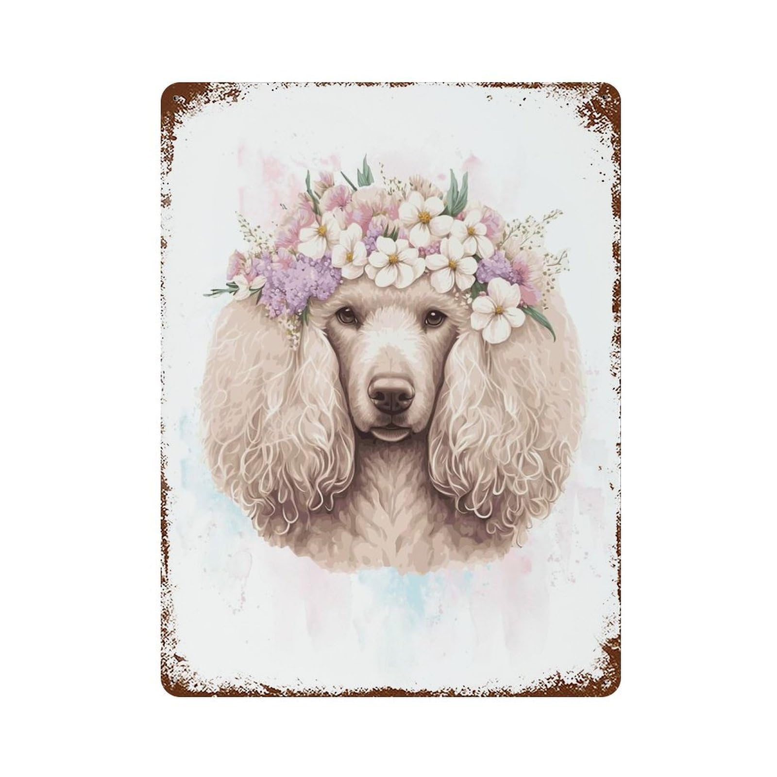 Vintage Metal Tin Sign with Flower Crown Poodle Art Design 15.7"x11.8", for Garage, Bar And Workshop Decor, Novelty Wall Decor
