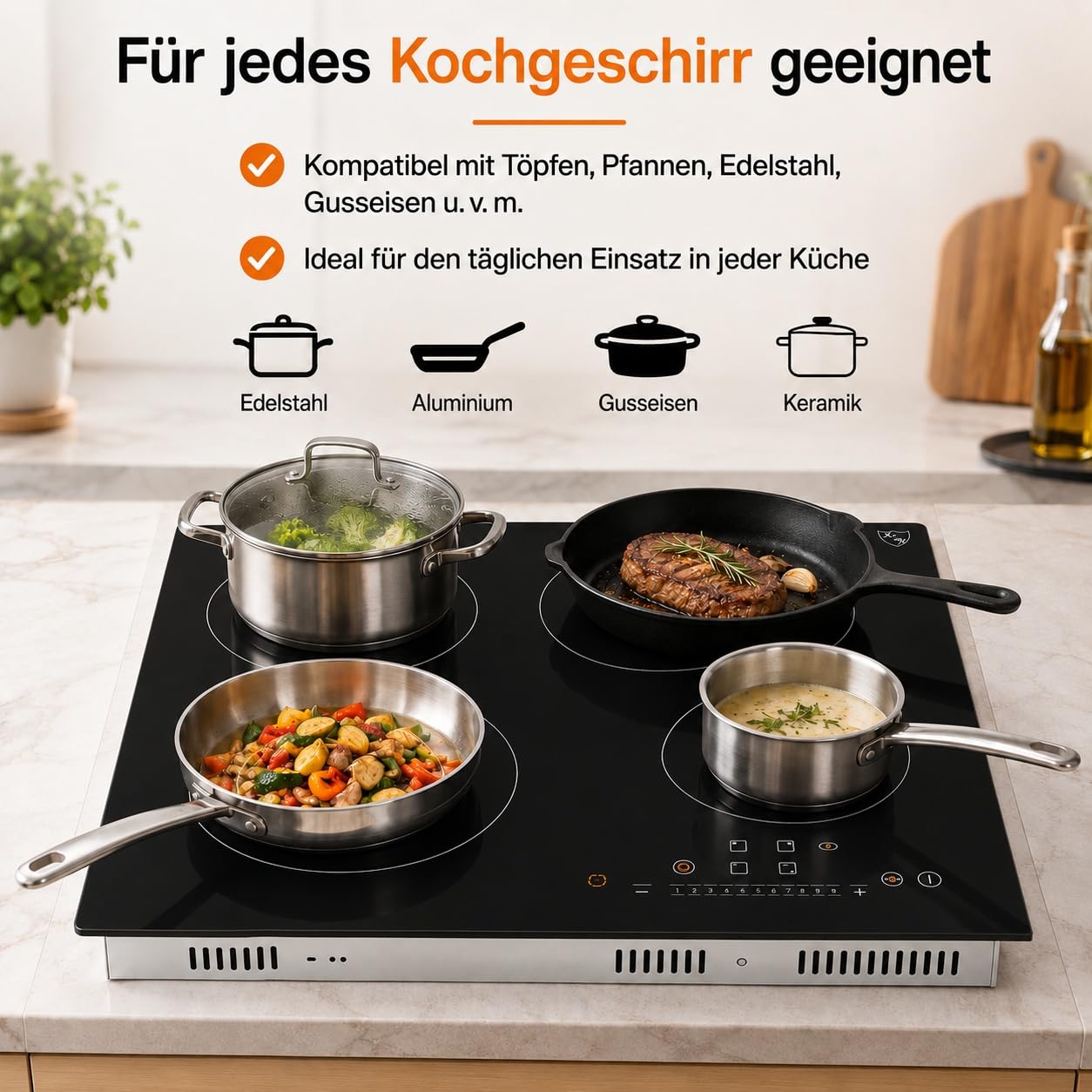 K&H Glaskeramikkochfeld NC-7206 60 cm 7200 Watt 4 Zonen 9 Leistungsstufen Starkstrom-Anschluss