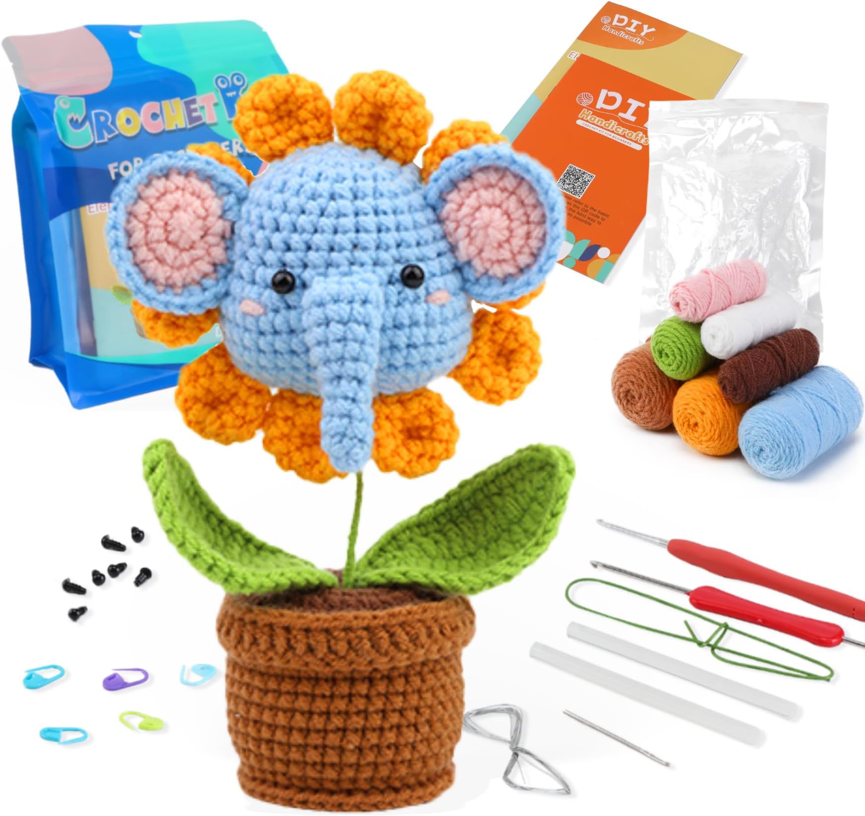 ALAGIRLS Crochet Kit for Beginners, Beginner Crochet Starter Kit with Step-by-Step Video Tutorials, Crochet Kits for Adults and Kids, DIY Knitting Supplies, Elephant Plant