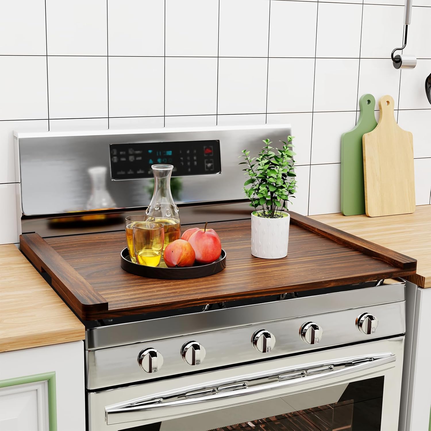 Noodle Board Stove Cover Wood, Stove Top Covers for Electric Stove, Gas Stove, Ready to Use, Wooden Decorative Rustic Kitchen Serving Tray, for Range Stovetop, Cooktop, 30'' * 20'', Brown