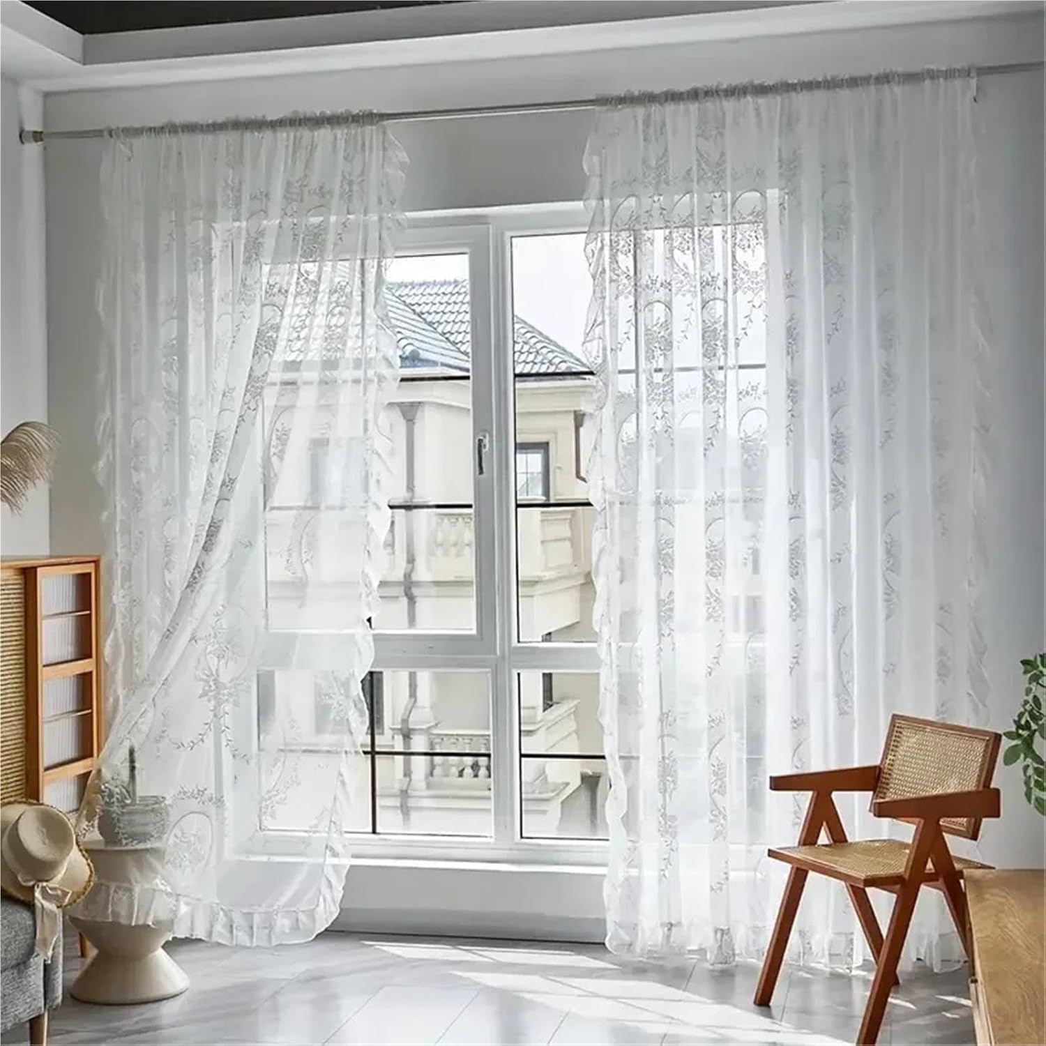 Solid Blackout Curtains for Bedroom Ruffled Floral Sheer Jacquard Tulle Curtain Panel for Living Room Window Drapes Vintage Lace(White,W100xH180cm)