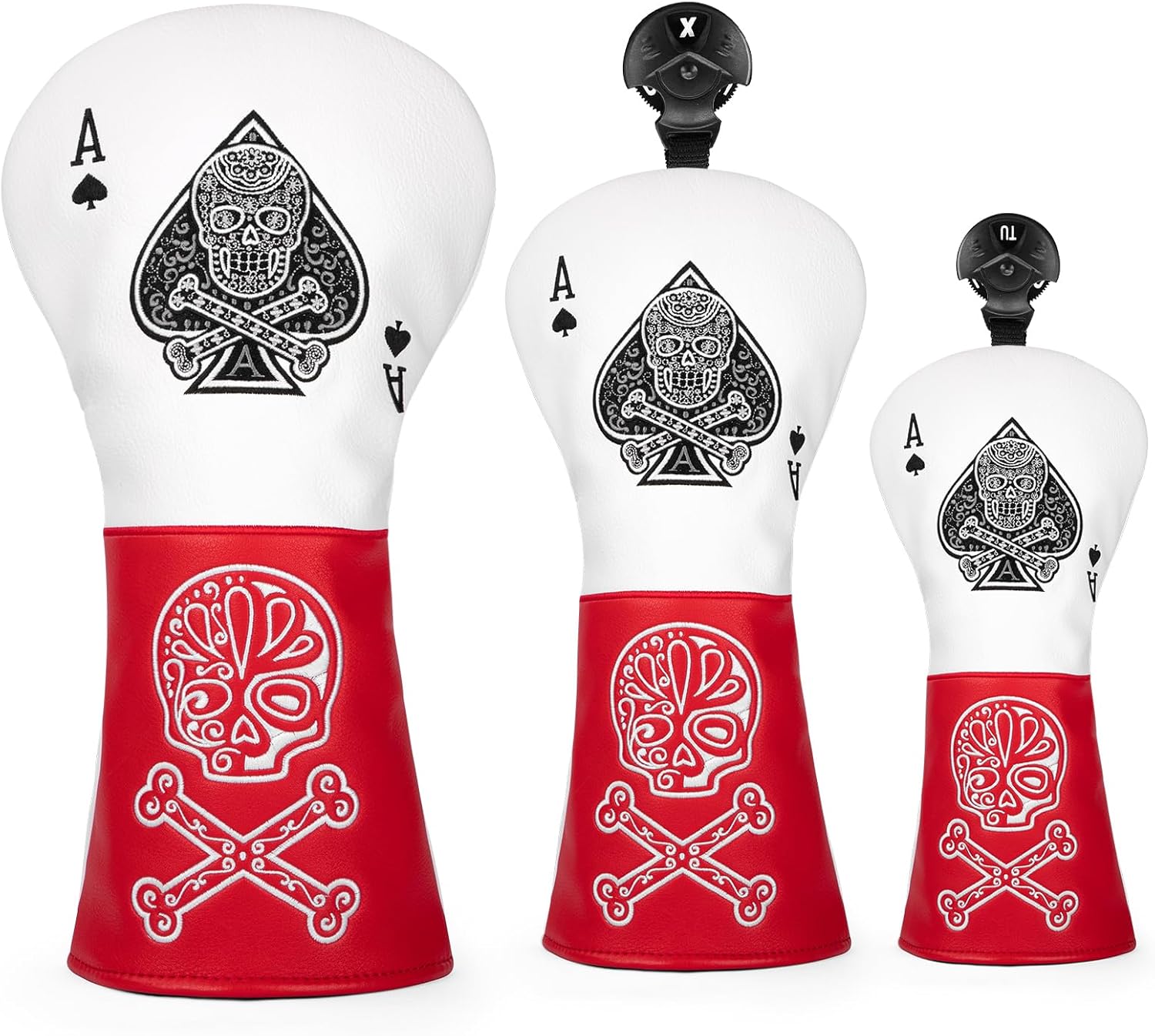 Golf Club Head Covers for Driver Cover, Fairway Wood Cover Hybrid Cover, Ace Poker Premium Leather Golf Headcovers with Interchangeable No. Tags Fits Most of Drivers Woods Hybrids Mallet Putter Cover