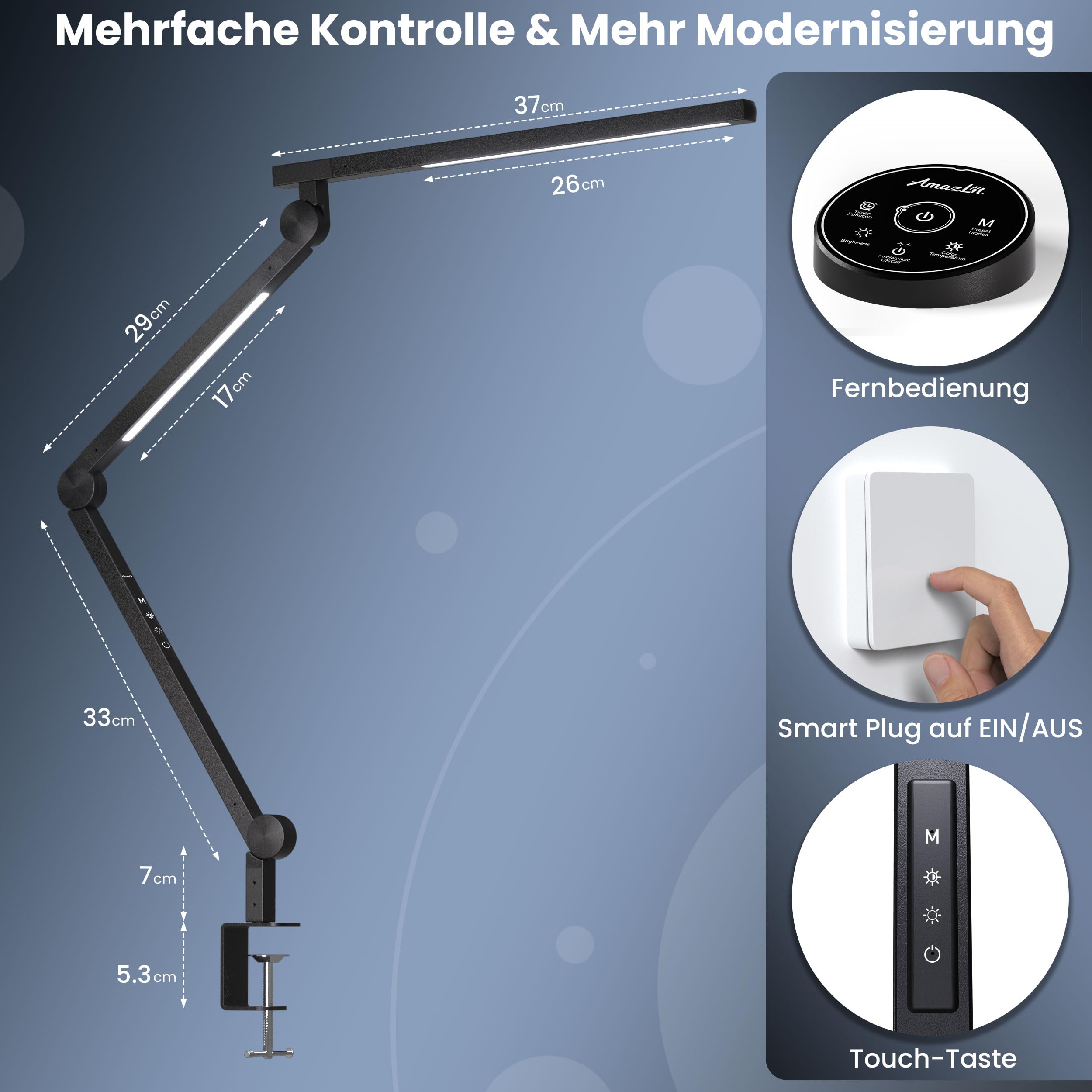 AmazLit Schreibtischlampe, Schreibtischlampe LED Dimmbar 12W, Doppelte Lichtquelle Schwenkarm Architektenlampe, Einstellbare Farbtemperatur Tischlampe Klemme,Bürolampe mit Fernbedienung