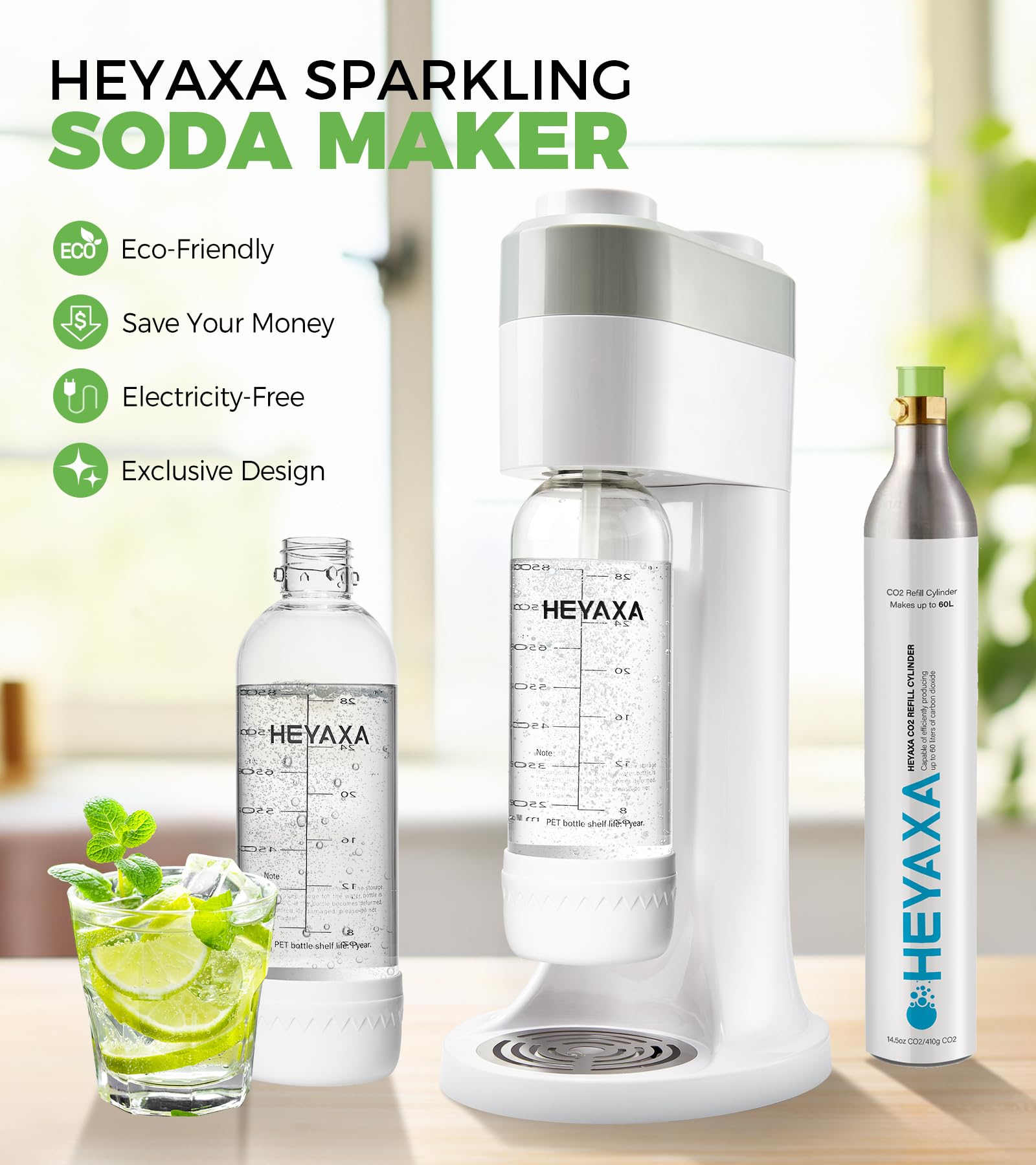 HEYAXA Sparkling Water Maker, Soda Maker Machine for Quickly Creating Refreshing Soda, Includes 2x BPA-Free 1L Carbonation Bottle, Compatible with 60L CO2 Carbonator (White, 1 L)
