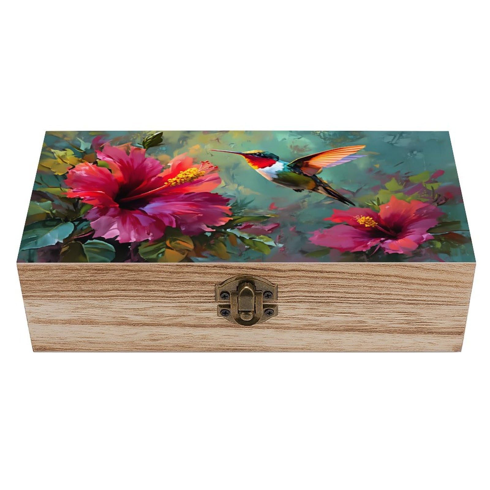 SMAZDFXX Hummingbird And Hibiscus Flower Wooden Keepsake Box Vintage Solid Wood with Hinged Lid 7.9"×3.7"×2.3" Metal Latch Rustic Home Decor for Jewelry Photos And Trinkets