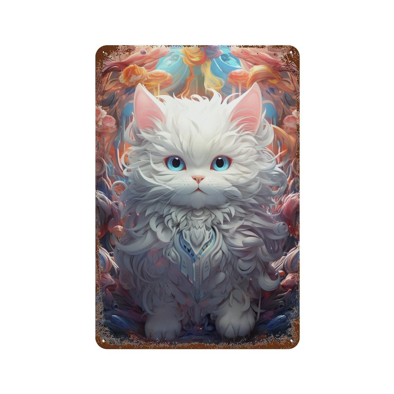 Fantasy White Cat Artwork Aged Metal Wall Plaque 11.8"x7.9", for Garage, Bar And Workshop Decor, Farmhouse Wall Decor