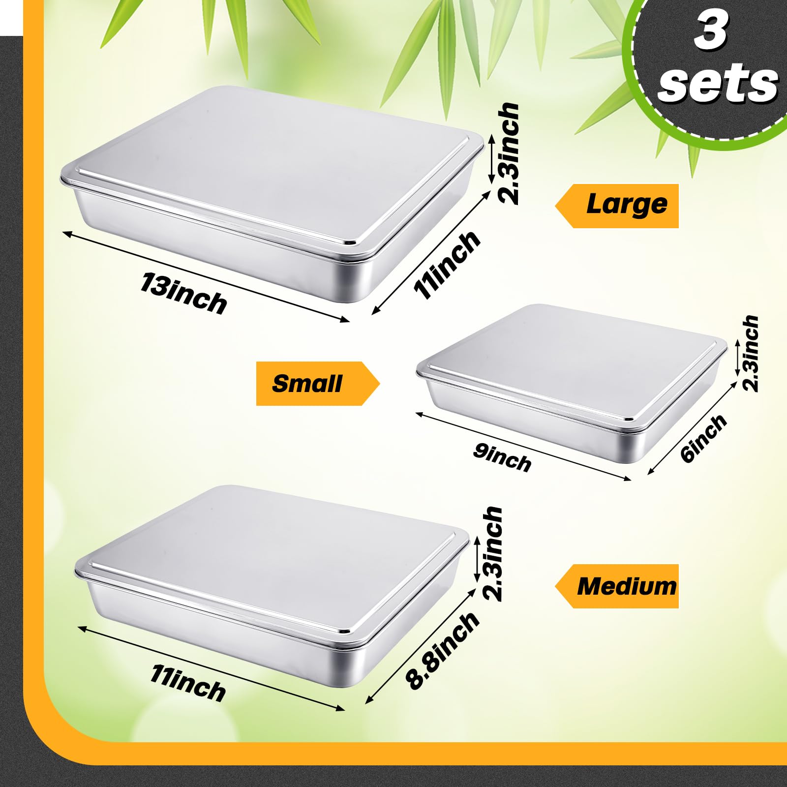 Tioncy Molde rectangular de acero inoxidable con tapa de 13/11/9 pulgadas con cubiertas, utensilios para hornear con tapas para pasteles, panes, cazuelas, pescado, verduras y más