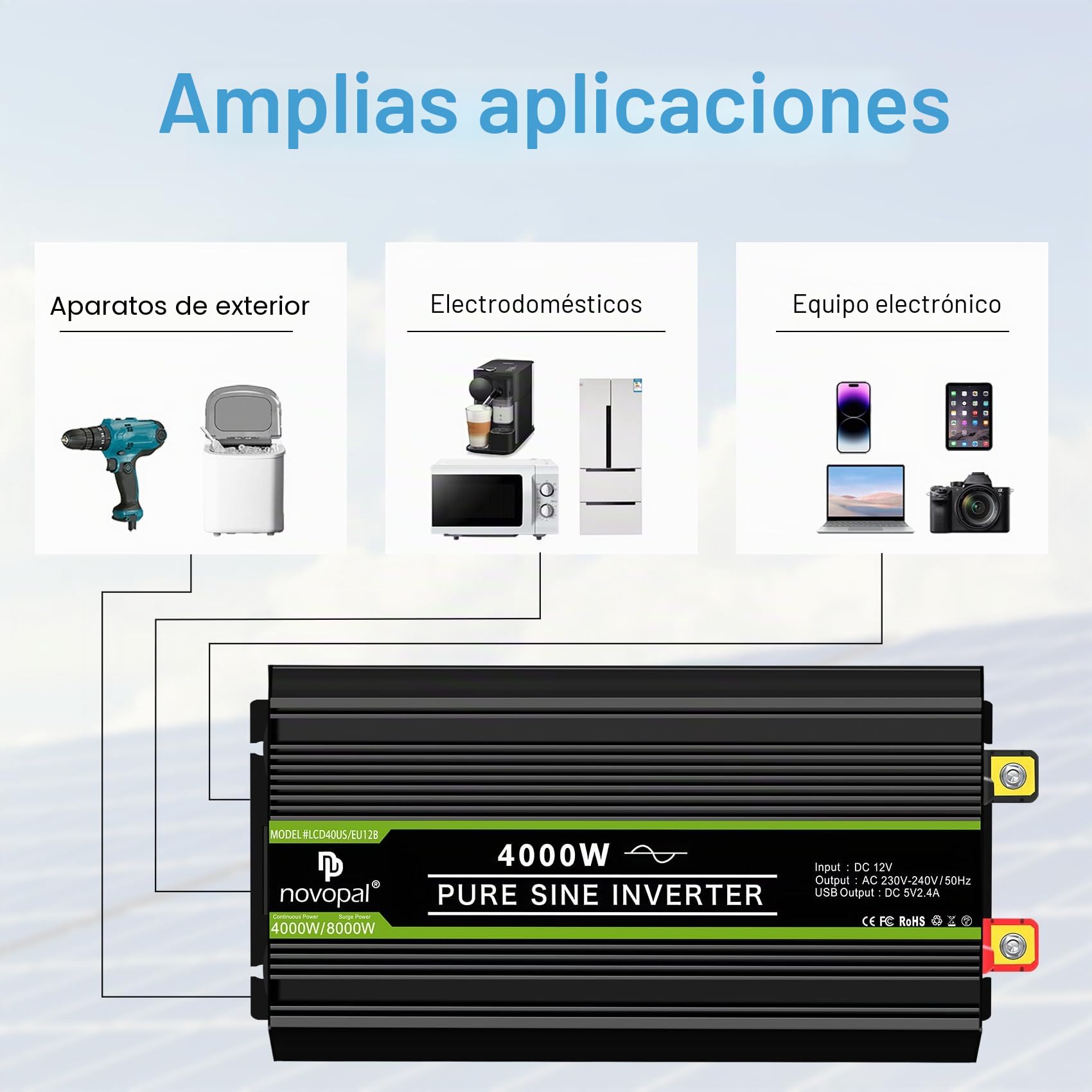 NOVOPAL Inversor 12v 220v Onda Pura 4000W/8000W Convertidor | 5M Mando a Distancia, USB+LCD Display para Coche, Caravana, Barco