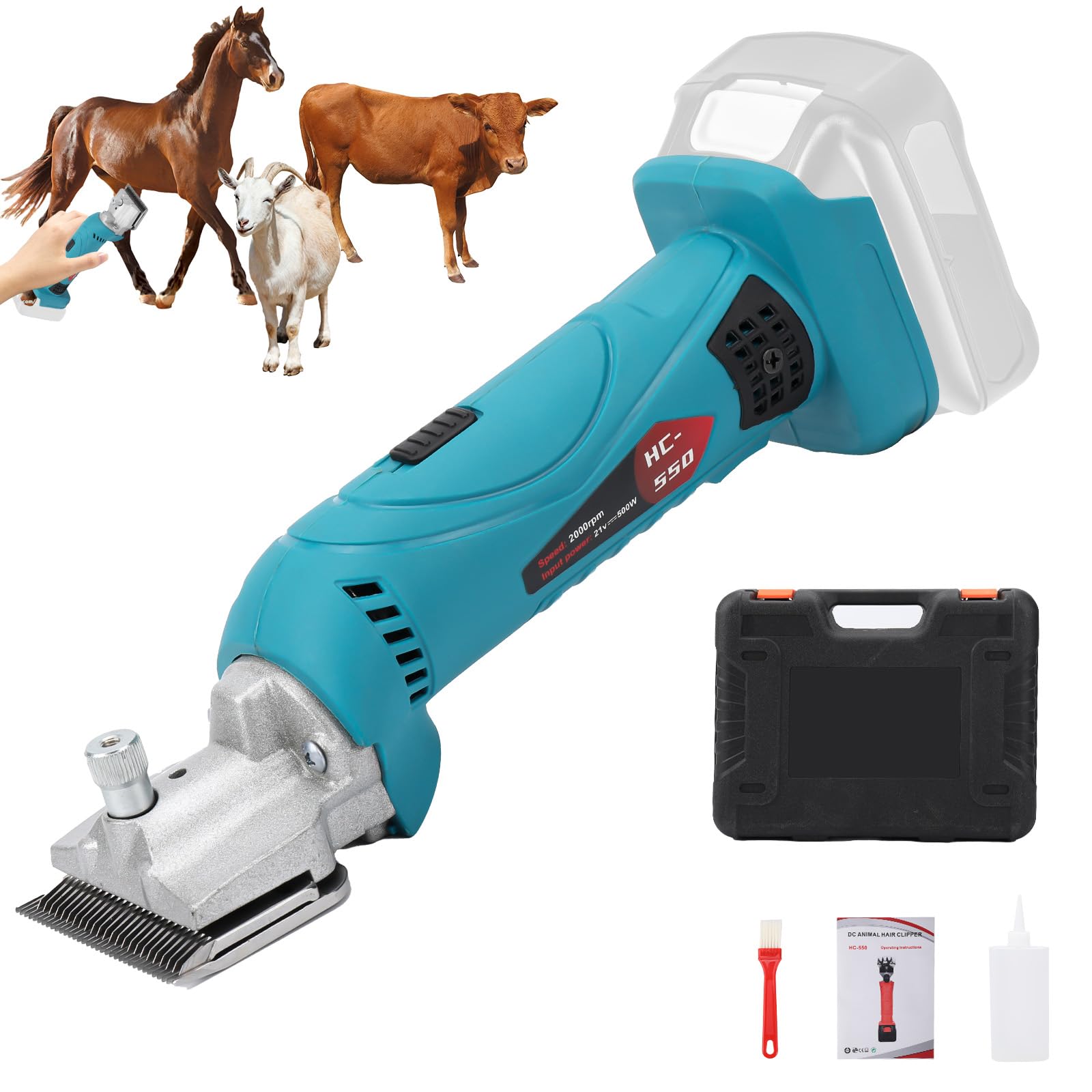 Roadtime Esquiladora Caballos Compatible con makita 18v batería,2500 PRM/MIN Profesional Maquina pelar Caballos para Ovejas Ganado Animales con motor potente, Control de 6 velocidades (Sin batería)