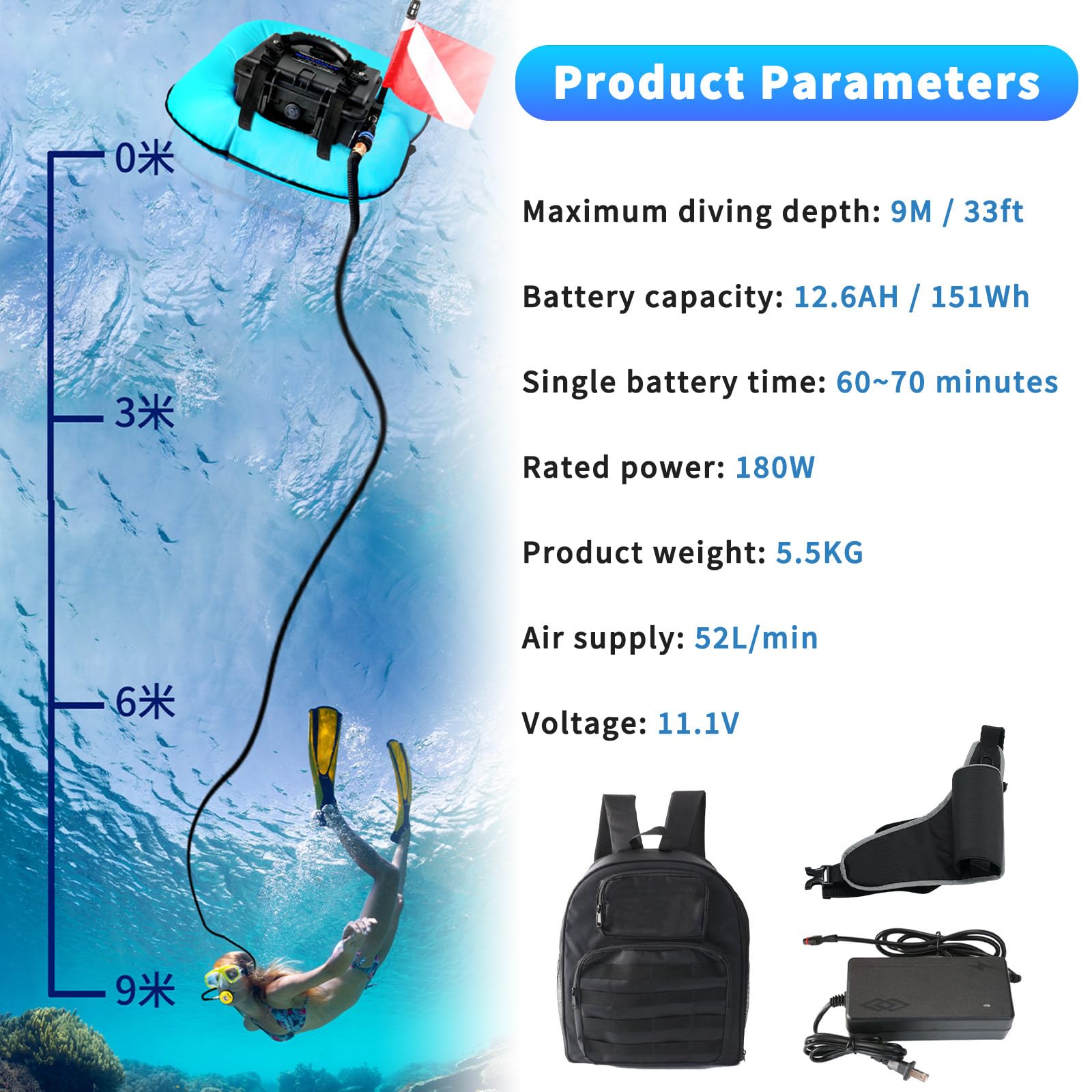 S-istema De Buceo, Ventilador De Buceo Snuba Sin Tanque con Baterías Recargables, S-istema De Buceo Hookah, Profundidad Máxima De Buceo 10 M, para Buceo Al Aire Libre Red-Basic