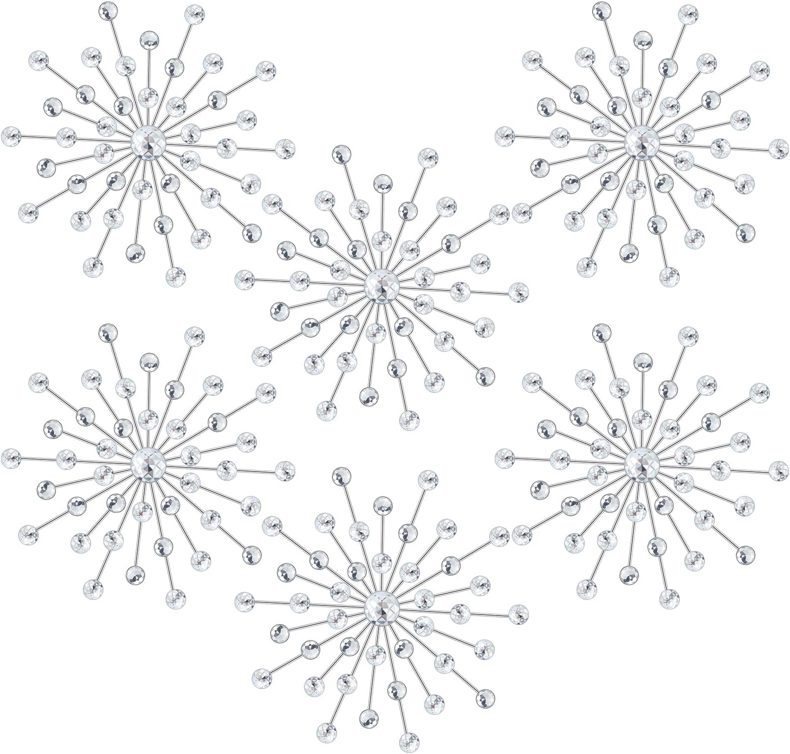 Barydat 6 Pcs Metal Starburst Wall Decor Bling Crystal Wall Art Rhinestone Sunburst Home Decoration No Punch Starburst Hanging Diamond Accents for Living Room Bedroom(25cm,Silver)