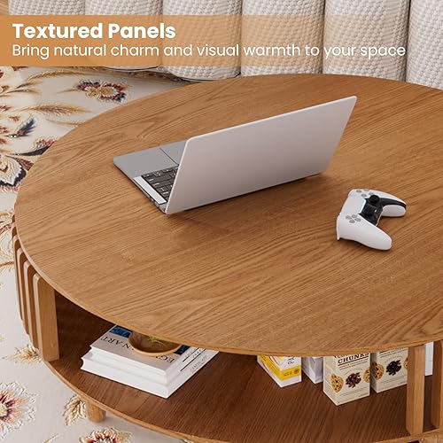 Miniatura 5 de Mesa de centro redonda de 39.4 pulgadas con almacenamiento, mesa auxiliar moderna de 2 niveles, patas de madera maciza, mesa central pequeña Mesa