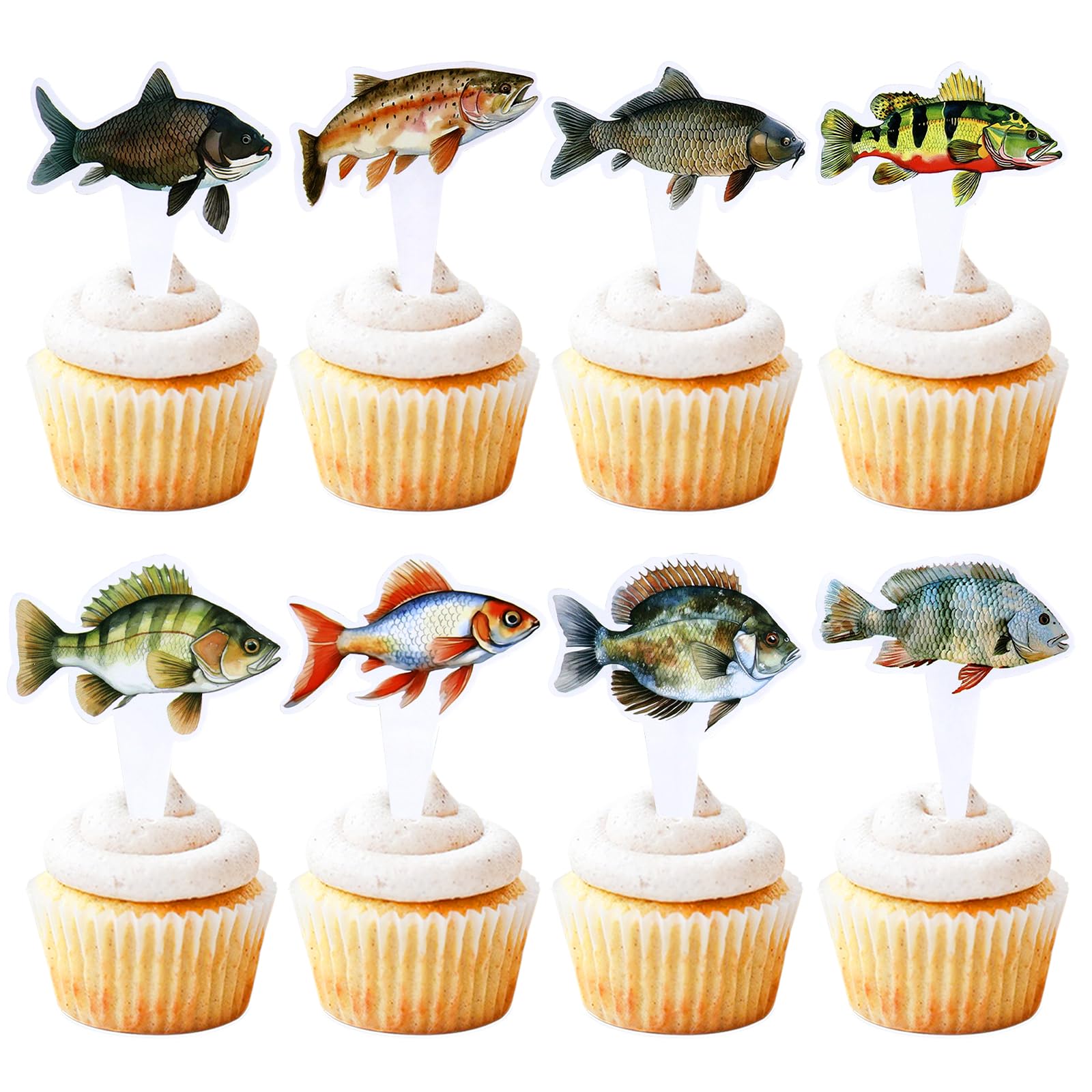 24pcs Fish Cupcake Toppers Go Fishing Theme Decorations Baby Shower Boys Girls Happy Birthday Party Tropical Party Cake Picks Under The Sea Decoration Supplies（two-sided）
