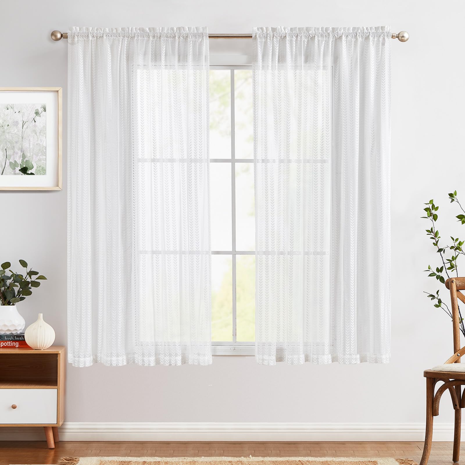 TOPICK Cortinas con Encaje Blanco con Bolsillo para Varilla Aspecto de Lino Translúcidas Aptas para Cortinas de Bistro Casa Campo Salón Ventanas Pequeñas Juego de 2 Unidades 140 x 145 cm
