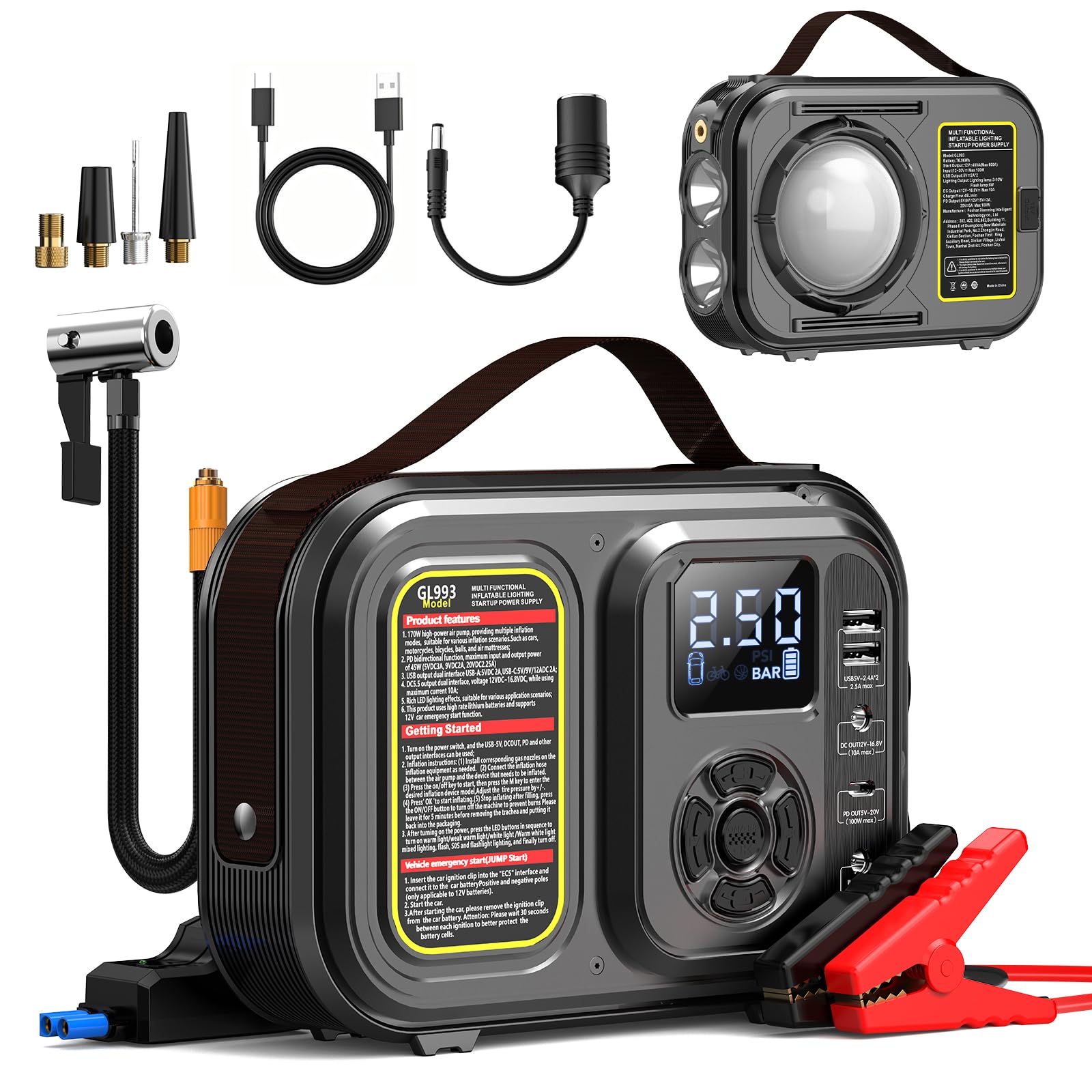 Tire inflator Portable air Compressor,Jump Starter with Air Compressor,13-in-1 9000A,45W Quick Charger, 12V Car Battery Jump Starter (All Gas/12L Dies
