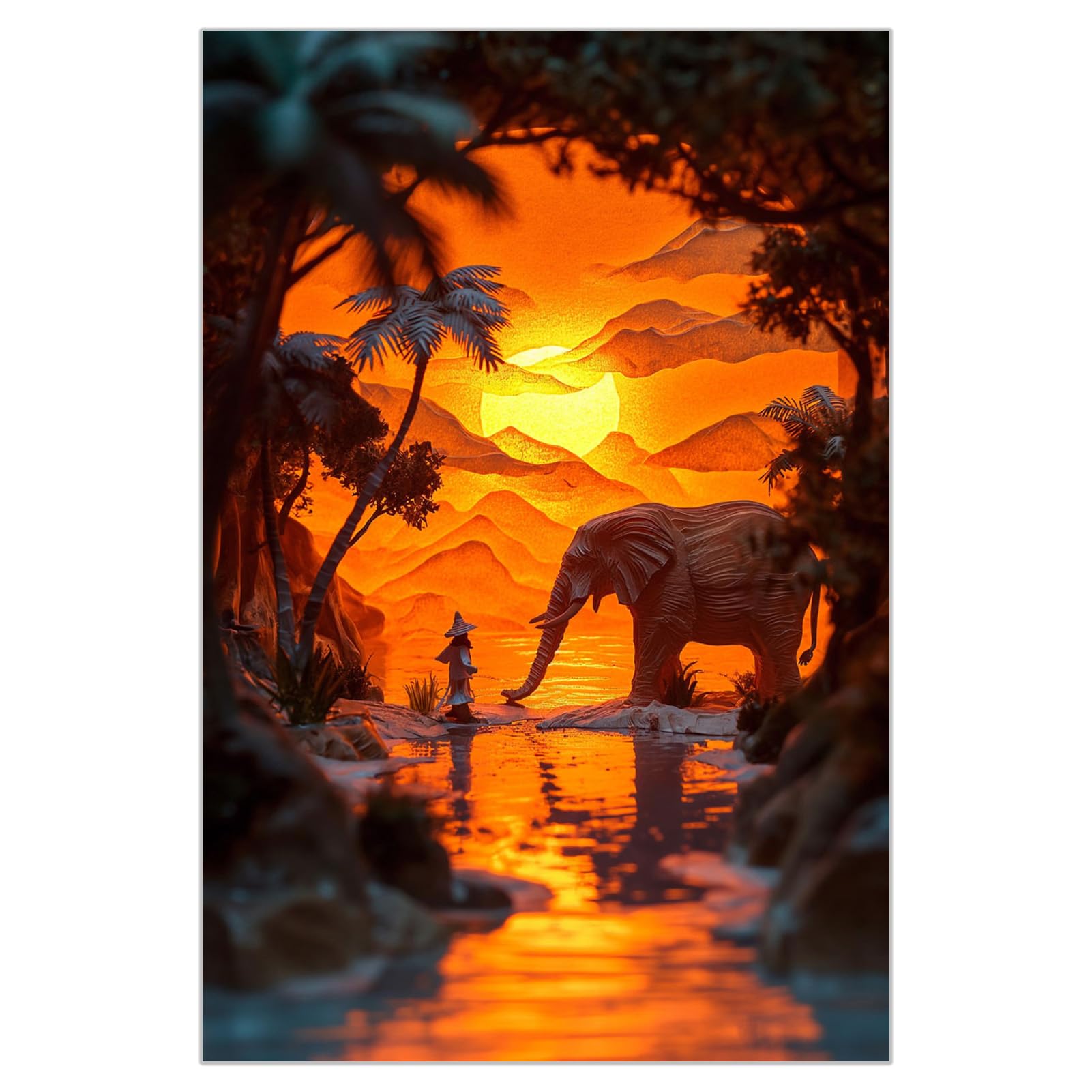 Serenity at Sunset Elephant Canvas Print | Oriental Landscape Art | Tranquil Home Decor for Relaxing Ambience 12x18-Unframed