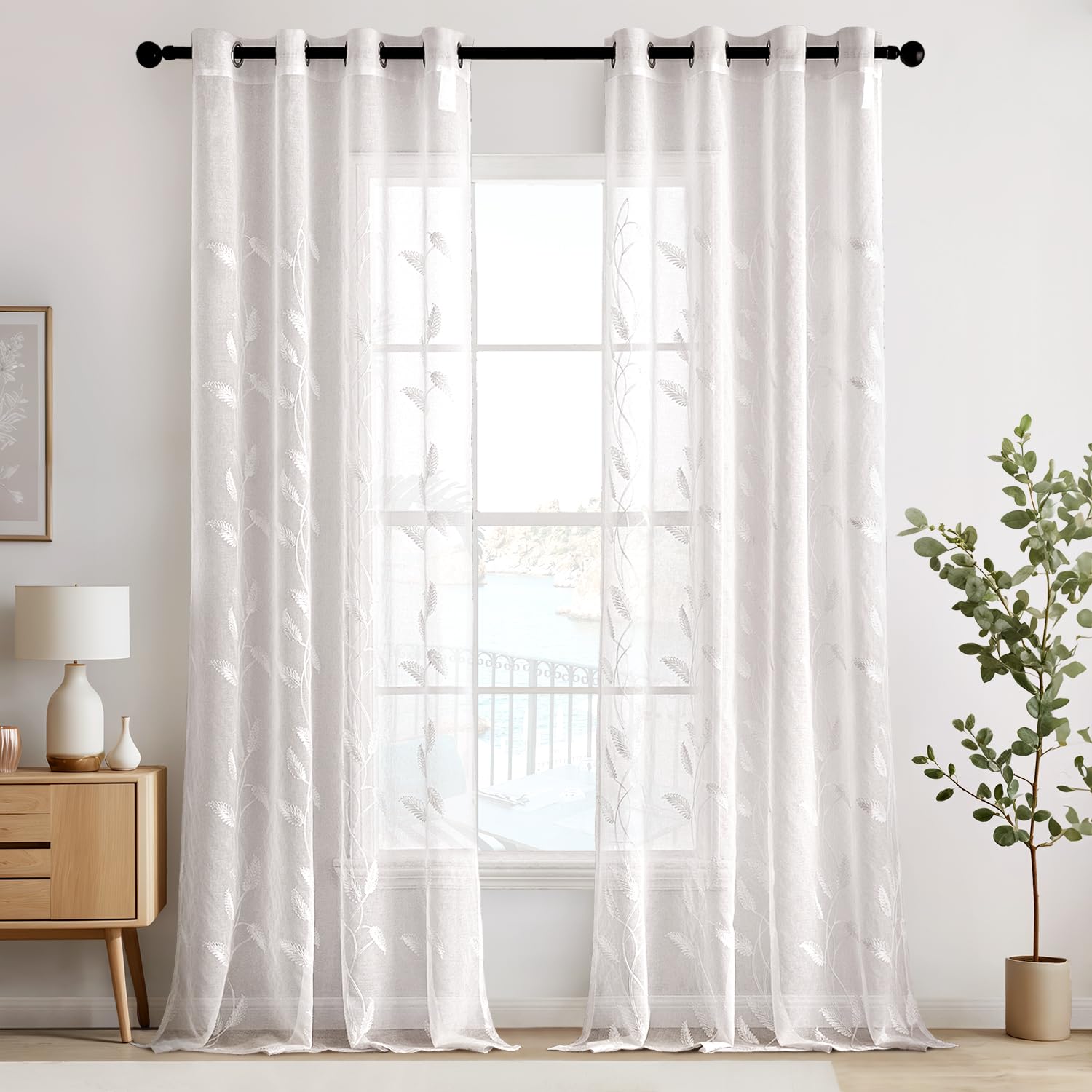 EMEMA Voile Curtain for Living Room with Eyelets Sheer Leaf Pattern and Cute Embroidery, Set of 2 Modern Curtains for Bedroom, H 245 x B 140 cm, White Leaves
