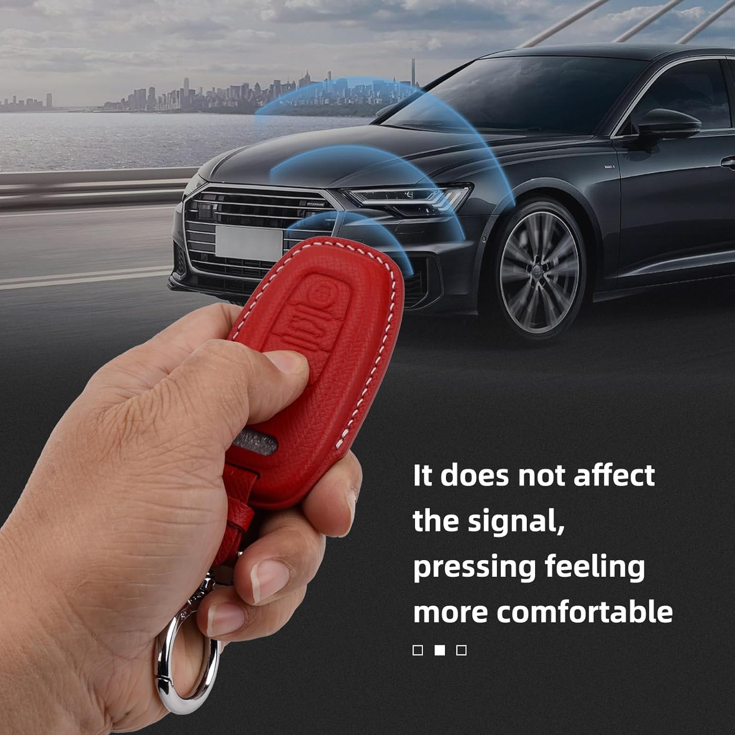 Genuine Leather Key Fob Cover Case, Keychain, Key Shell Compatible with Audi A4 A4L A5 A6 A6L A7 A8 Q5 R8 RS4 RS5 RS6 RS7 S4 S5 S6 S7 S8 SQ5 Key (Red)