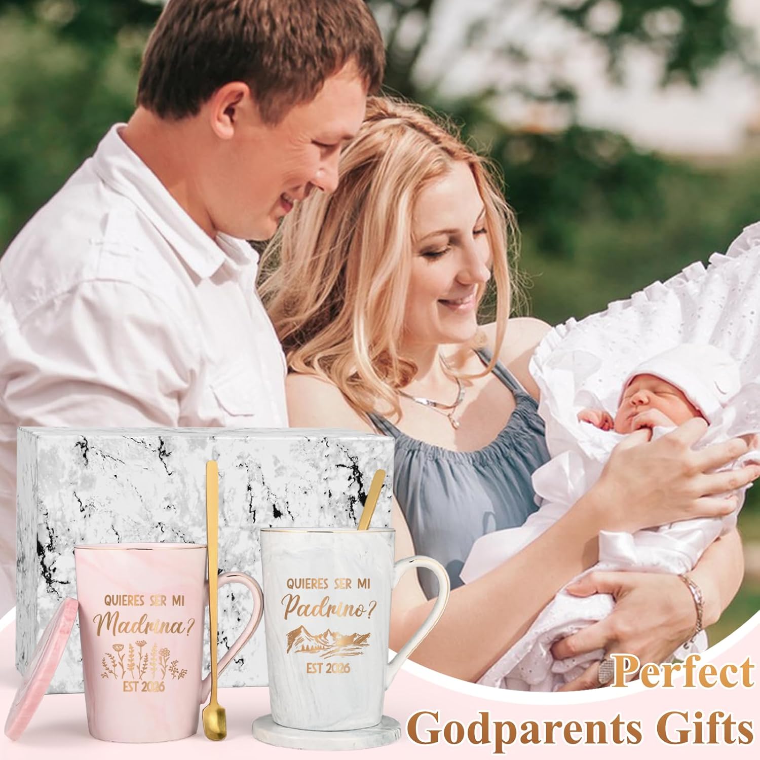 Maustic Godparents Proposal Gift, Godmother Godfather Proposal Gift, Quieres Ser Mi Madrina Padrino Est 2026 Mugs Set, Quieren Ser Mis Padrinos De Bautizo, Padrino Madrina Gifts, 14 Oz Pink & Gray