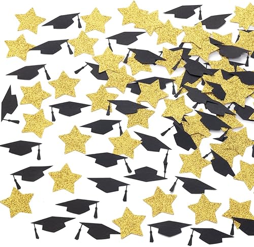 MOWO Confeti de Decoración de Mesa con Estrellas Doradas y Gorros de Graduación Negros para Fiesta Temática de Graduación, 1.2 pulgadas de diámetro,