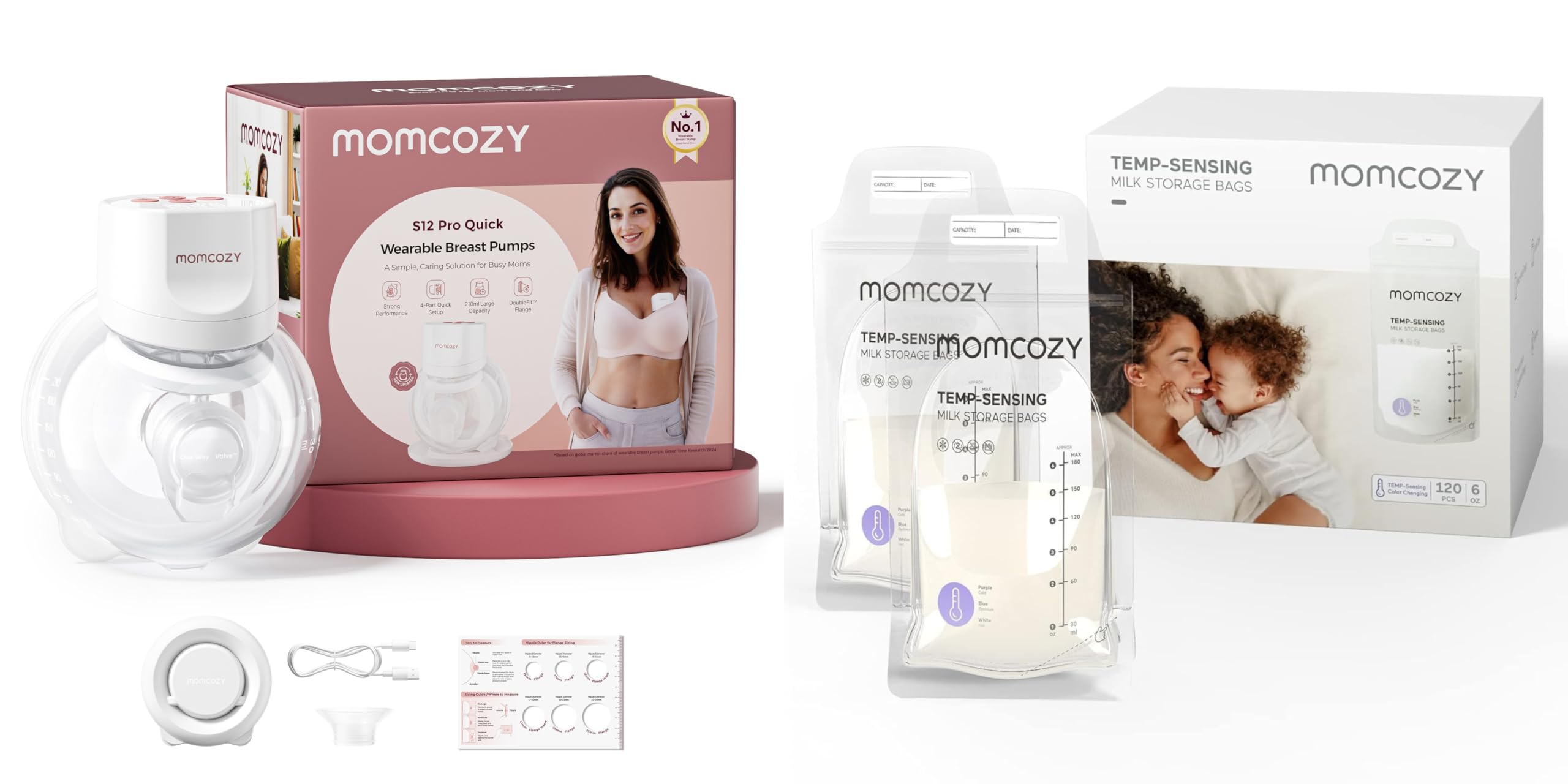 Momcozy S12 Pro Quick Tiralatte Elettrico a Mani Libere, Indossabile e Wireless con Flangia da 24mm DoubleFit™, 3 Modalità e 9 Livelli, Display Intelligente, 120 Sacchetti per Conservare il Latte Mate