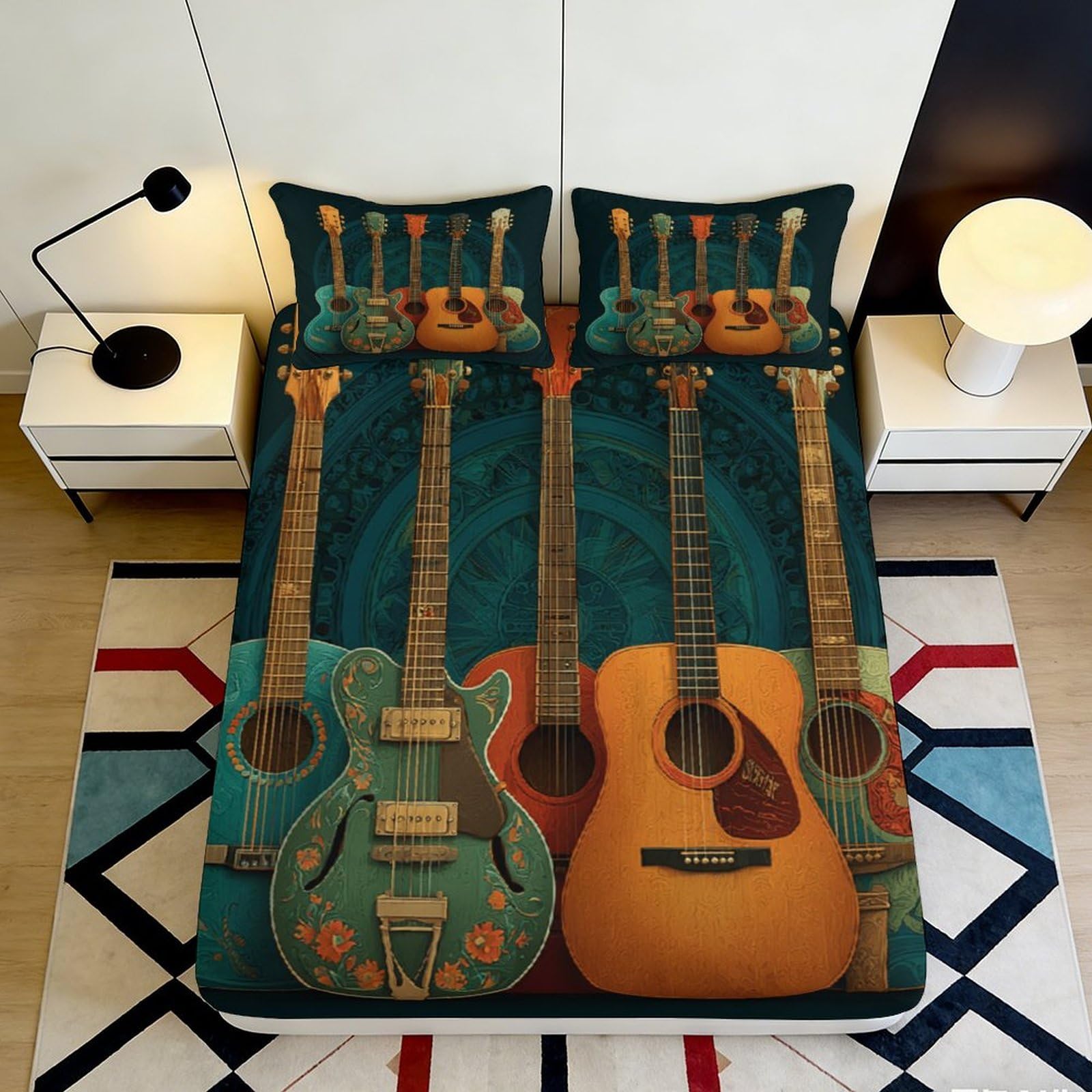 3D Printed Retro Guitar Fitted Sheet Microfiber Soft Artistic Musical Bed Cover for Bedroom Dorm Decor Mattress Protection 90x200x25cm