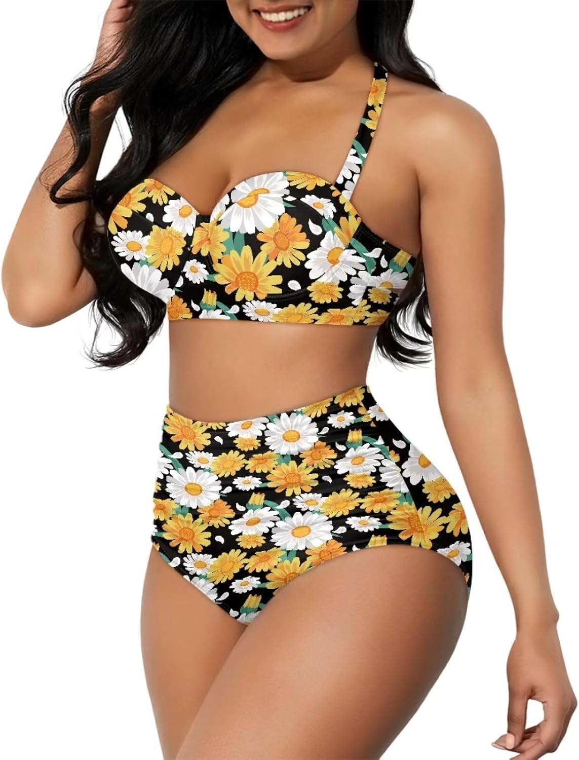 Suobstales Bikini Set for Women High Waisted Tummy Control Halter Top with Bottom, Two Piece Ruched Push Up Bathing Suit