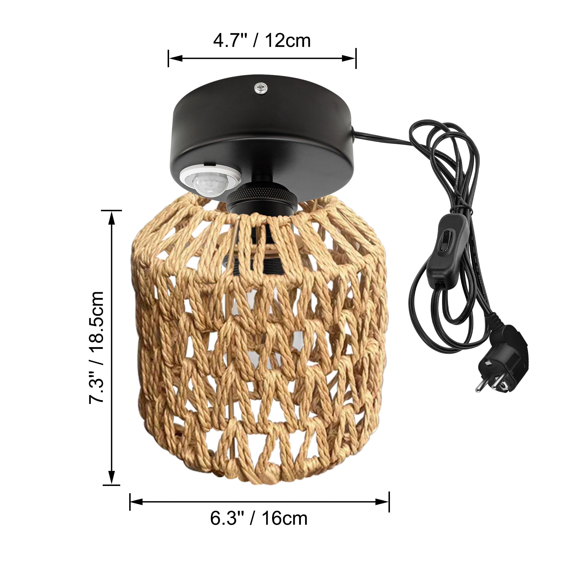 Lampada da soffitto con sensore di movimento interno, stile boho rattan, lampada da soffitto radar, sensore di movimento con cavo da 4,5 m e portalampada E27, per corridoio, bagno, scale,