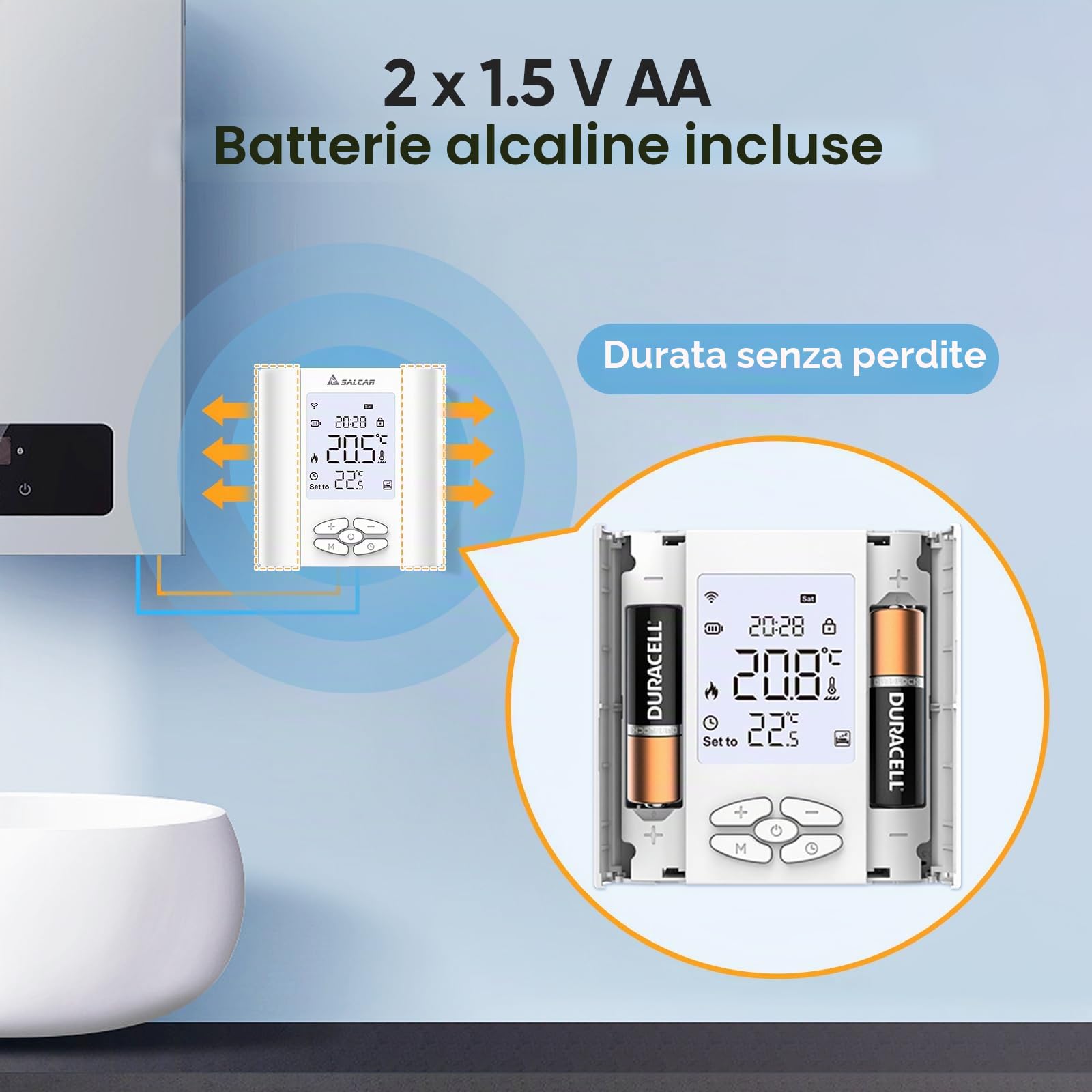 SALCAR Termostato intelligente per riscaldamento Wi-Fi, T5W, programmabile, termostato da parete WiFi con Umidità, compatibile con Alexa e Google