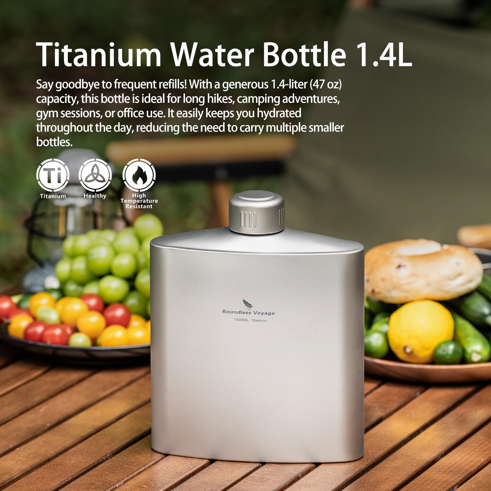Boundless Voyage Bouteille d'eau de voyage en titane D-3008D 1400 ml | Bouteille de sport de grande capacité pour escalade, camping, randonnée